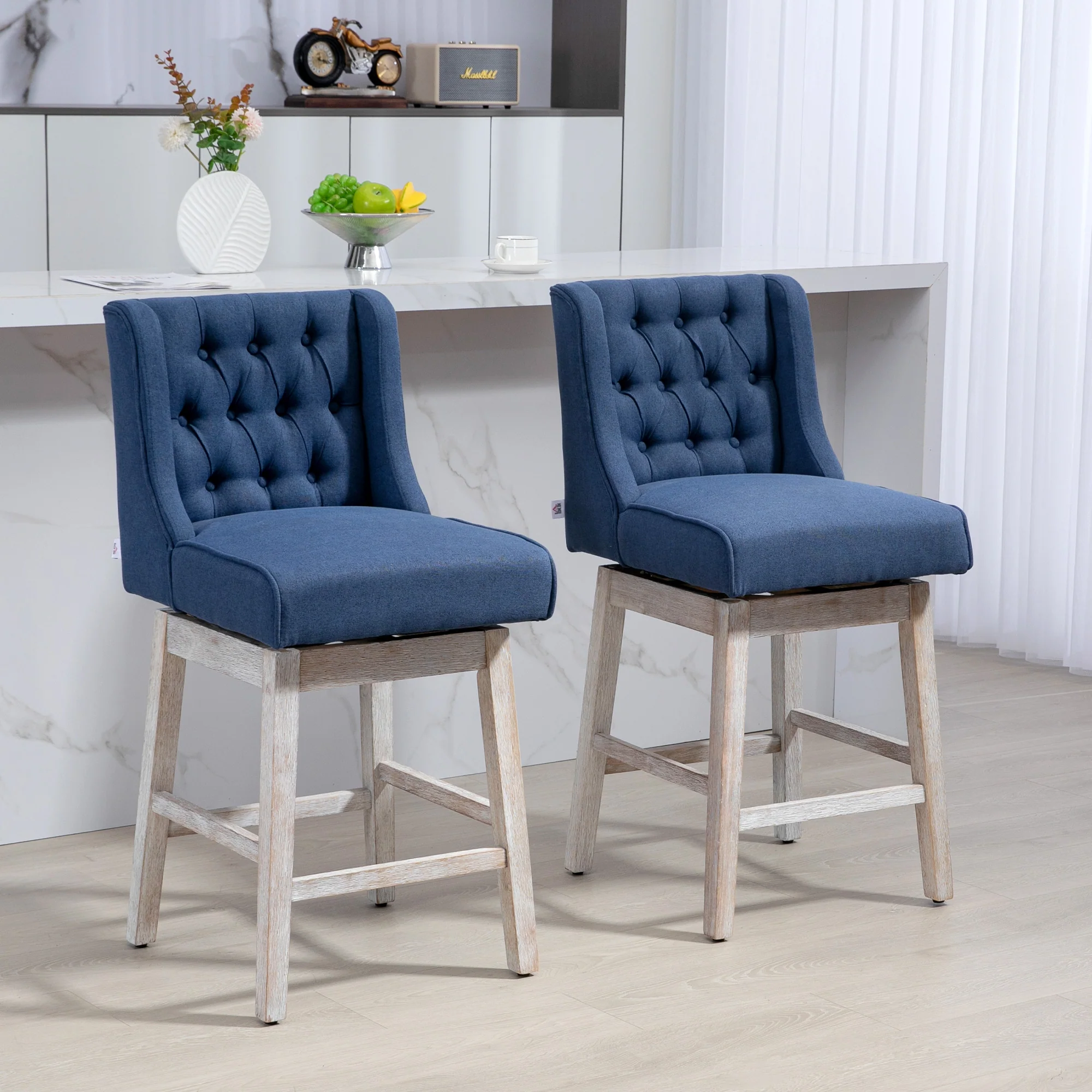 27" Counter Height Stools, Swivel, Linen Upholstery, Button Tufted, Blue - Image 4