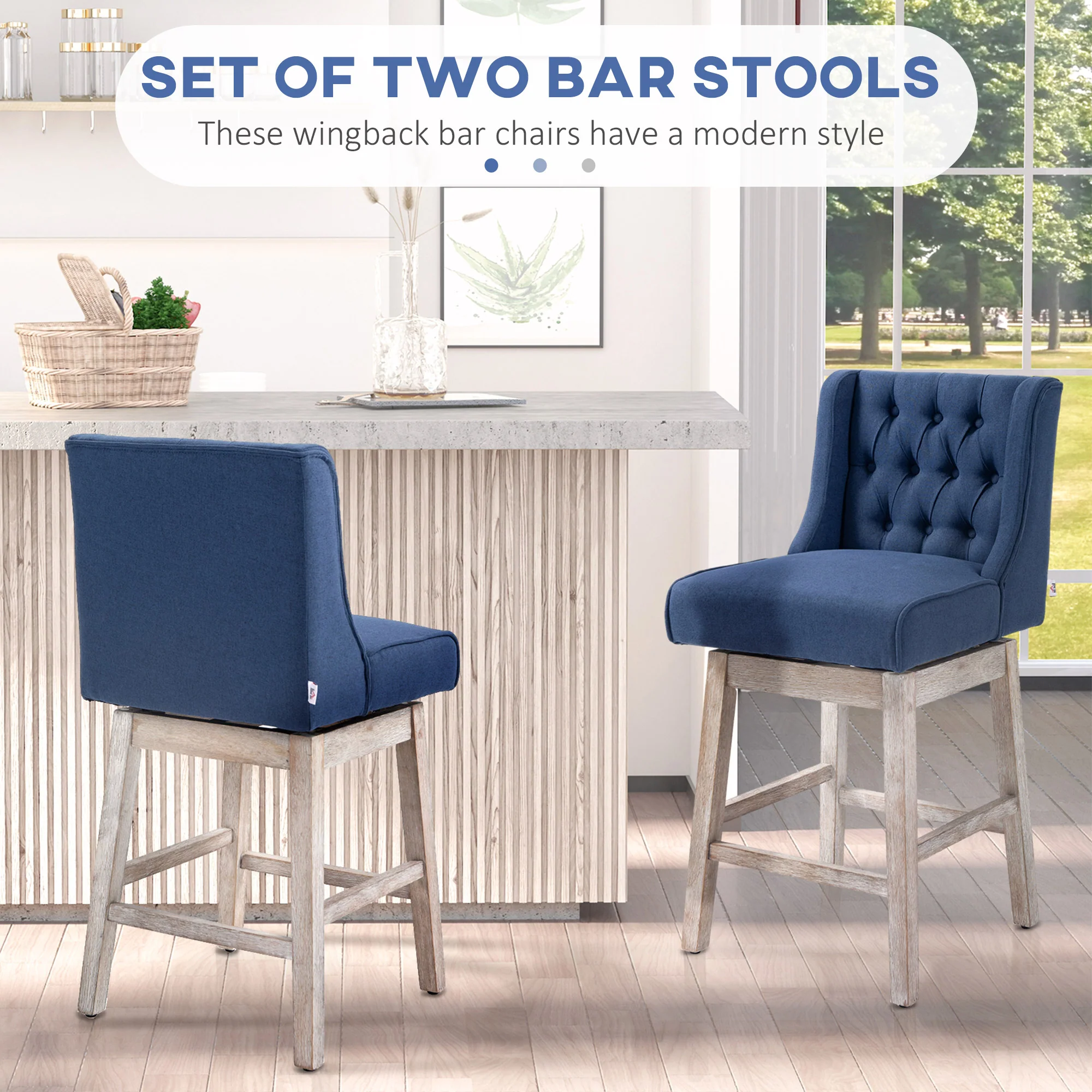 27" Counter Height Stools, Swivel, Linen Upholstery, Button Tufted, Blue - Image 6
