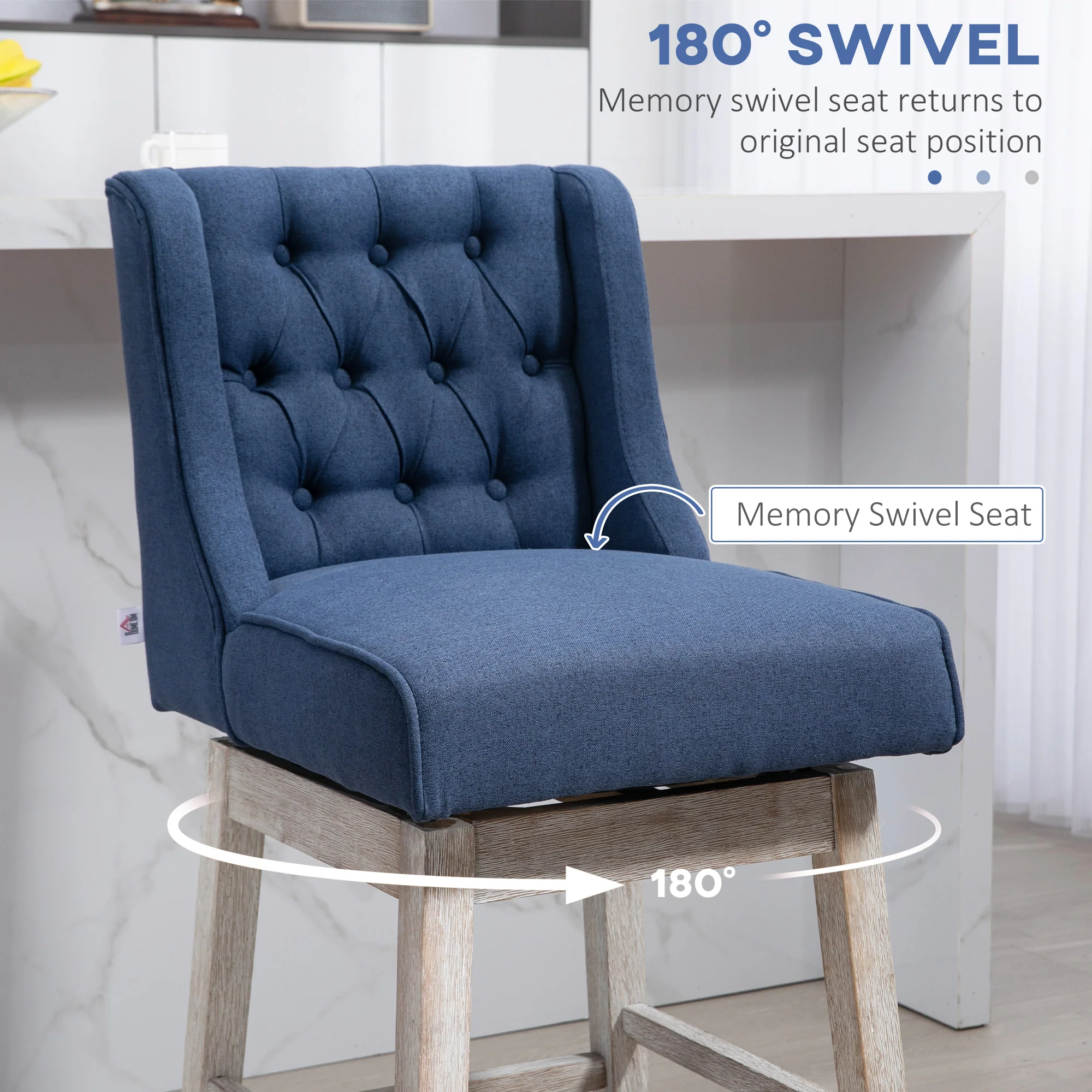27" Counter Height Stools, Swivel, Linen Upholstery, Button Tufted, Blue - Image 7