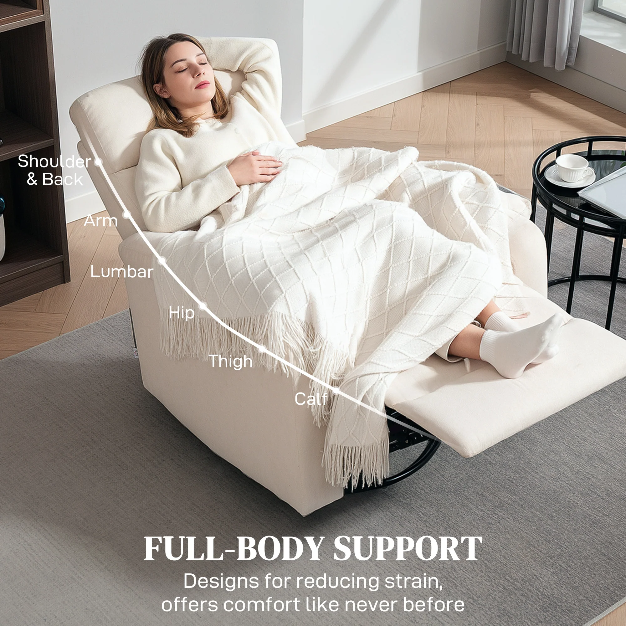 Swivel Recliner Chair, Wide Rocking Single Sofa with Pocket & Footrest, Cream White - Image 10