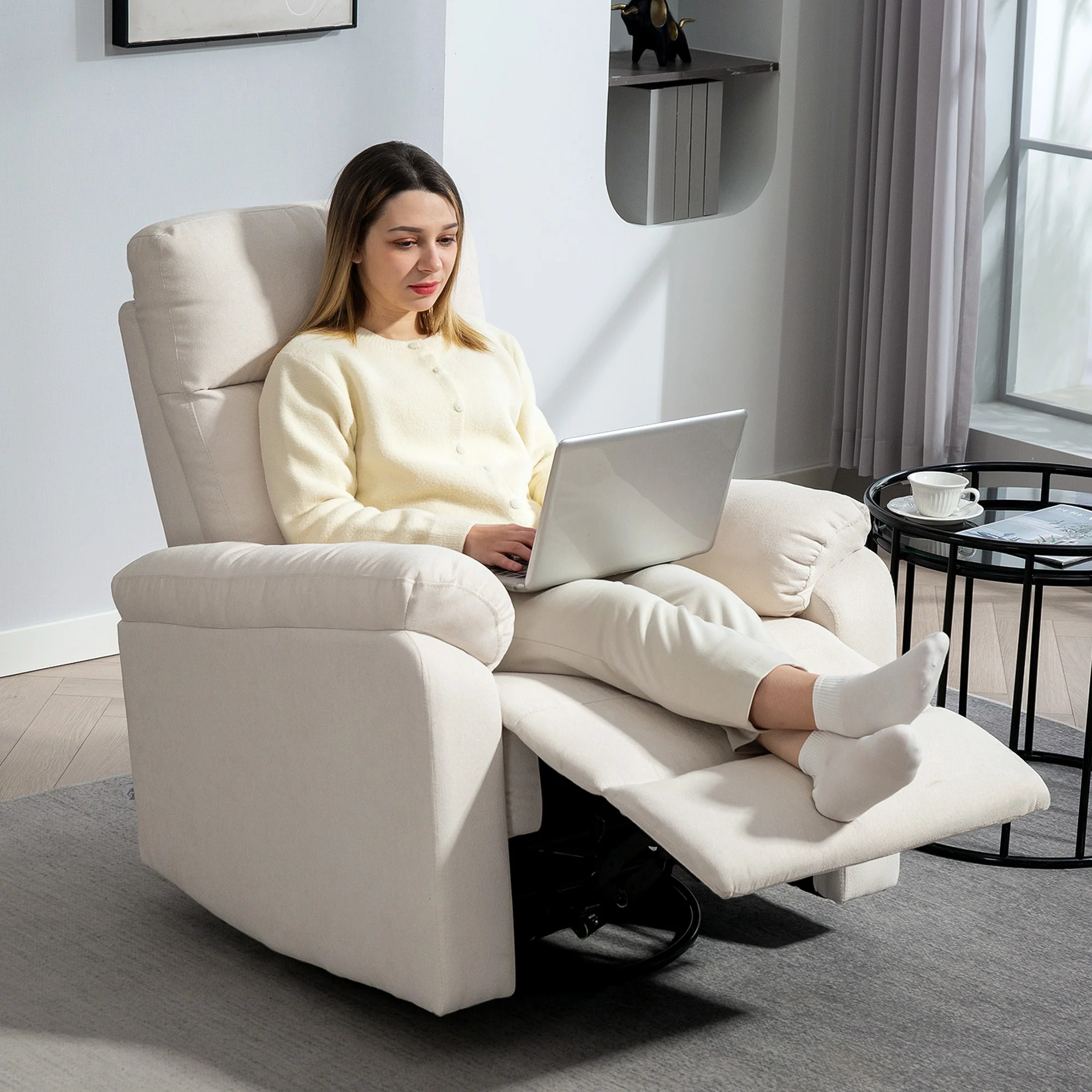 Swivel Recliner Chair, Wide Rocking Single Sofa with Pocket & Footrest, Cream White - Image 3
