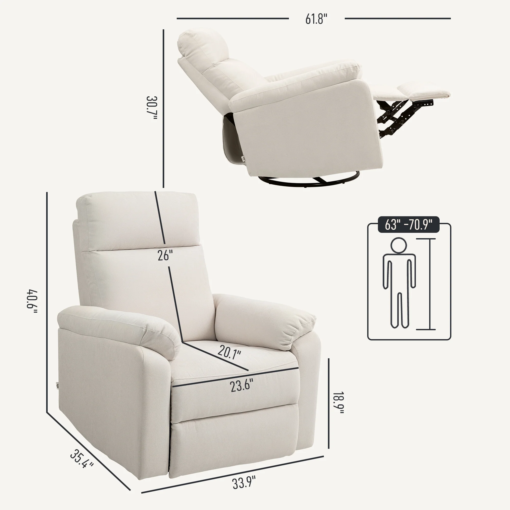 Swivel Recliner Chair, Wide Rocking Single Sofa with Pocket & Footrest, Cream White - Image 5