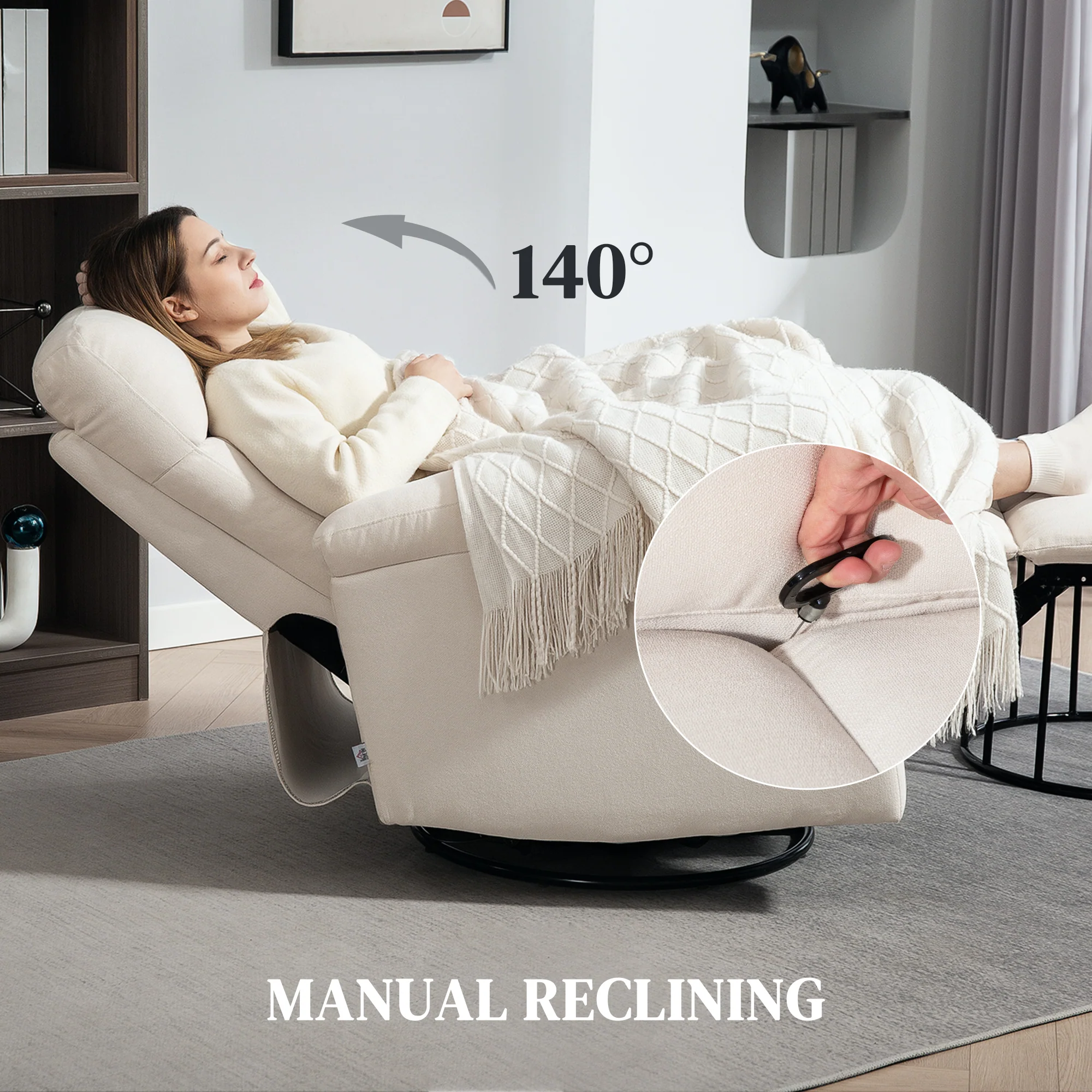 Swivel Recliner Chair, Wide Rocking Single Sofa with Pocket & Footrest, Cream White - Image 6