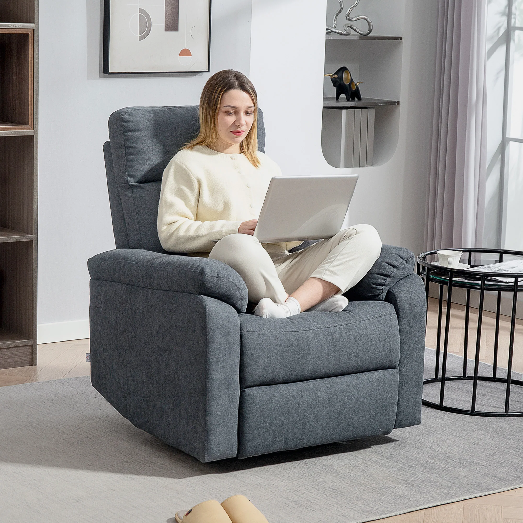 Swivel Recliner Chair, Wide Rocking Single Sofa with Pocket & Footrest, Gray - Image 3