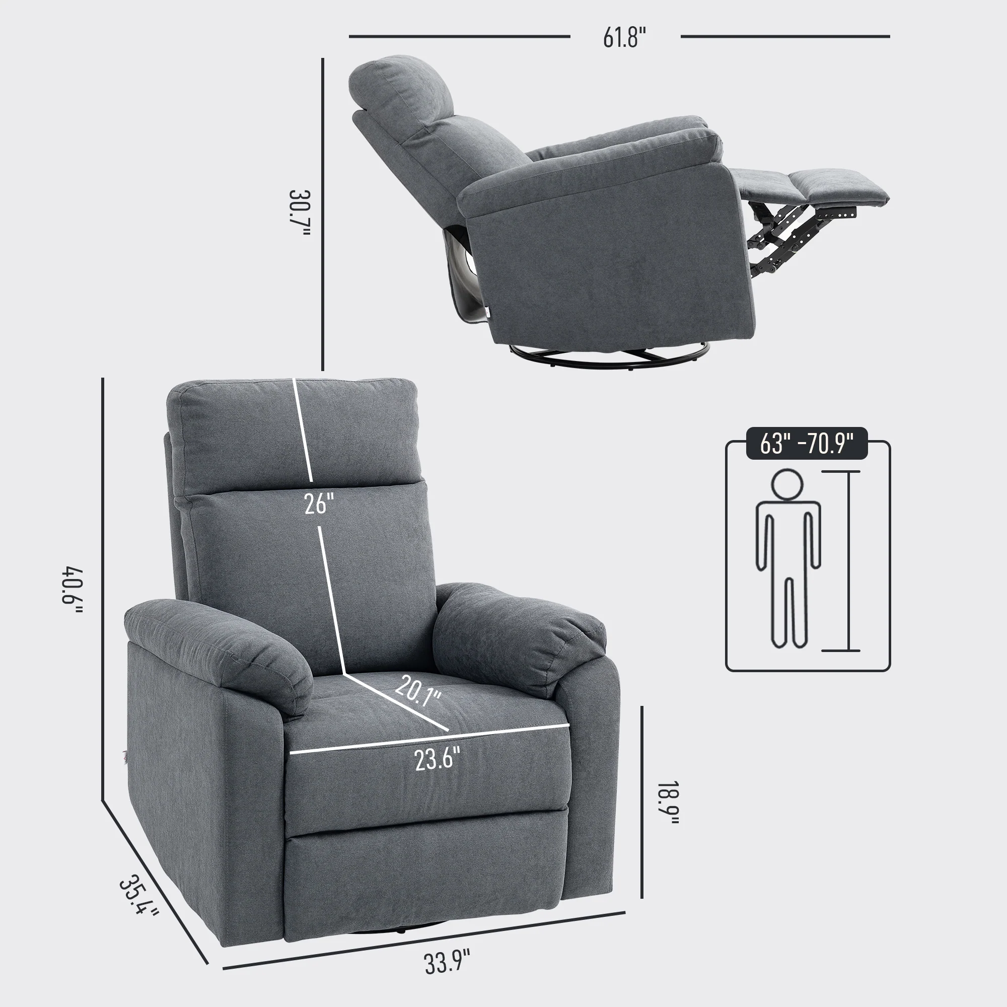 Swivel Recliner Chair, Wide Rocking Single Sofa with Pocket & Footrest, Gray - Image 5