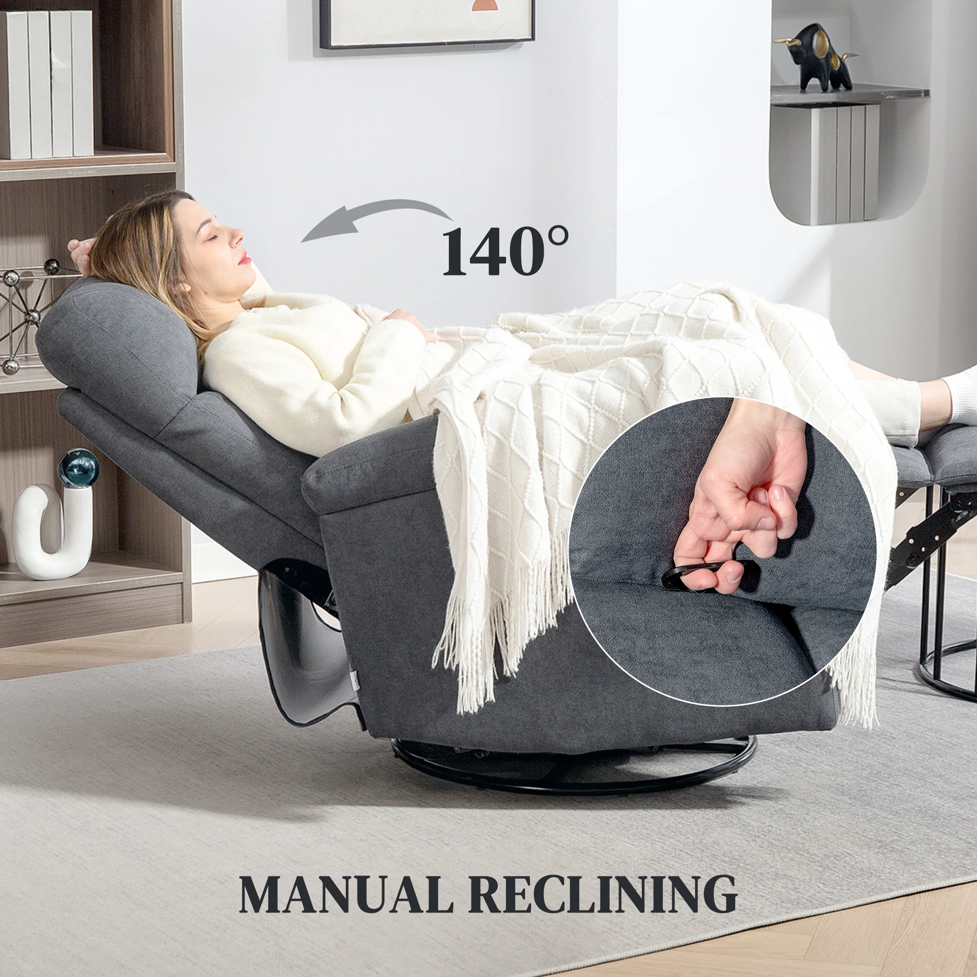 Swivel Recliner Chair, Wide Rocking Single Sofa with Pocket & Footrest, Gray - Image 6