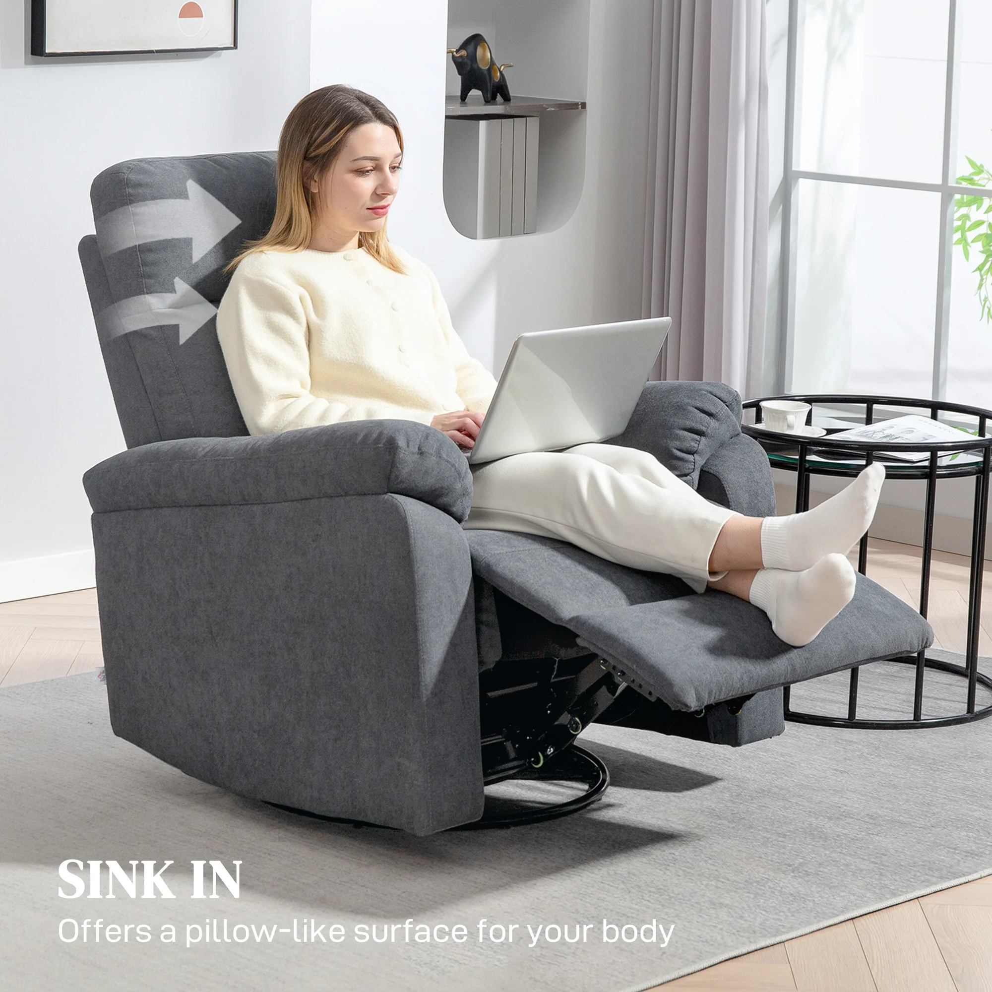 Swivel Recliner Chair, Wide Rocking Single Sofa with Pocket & Footrest, Gray - Image 9