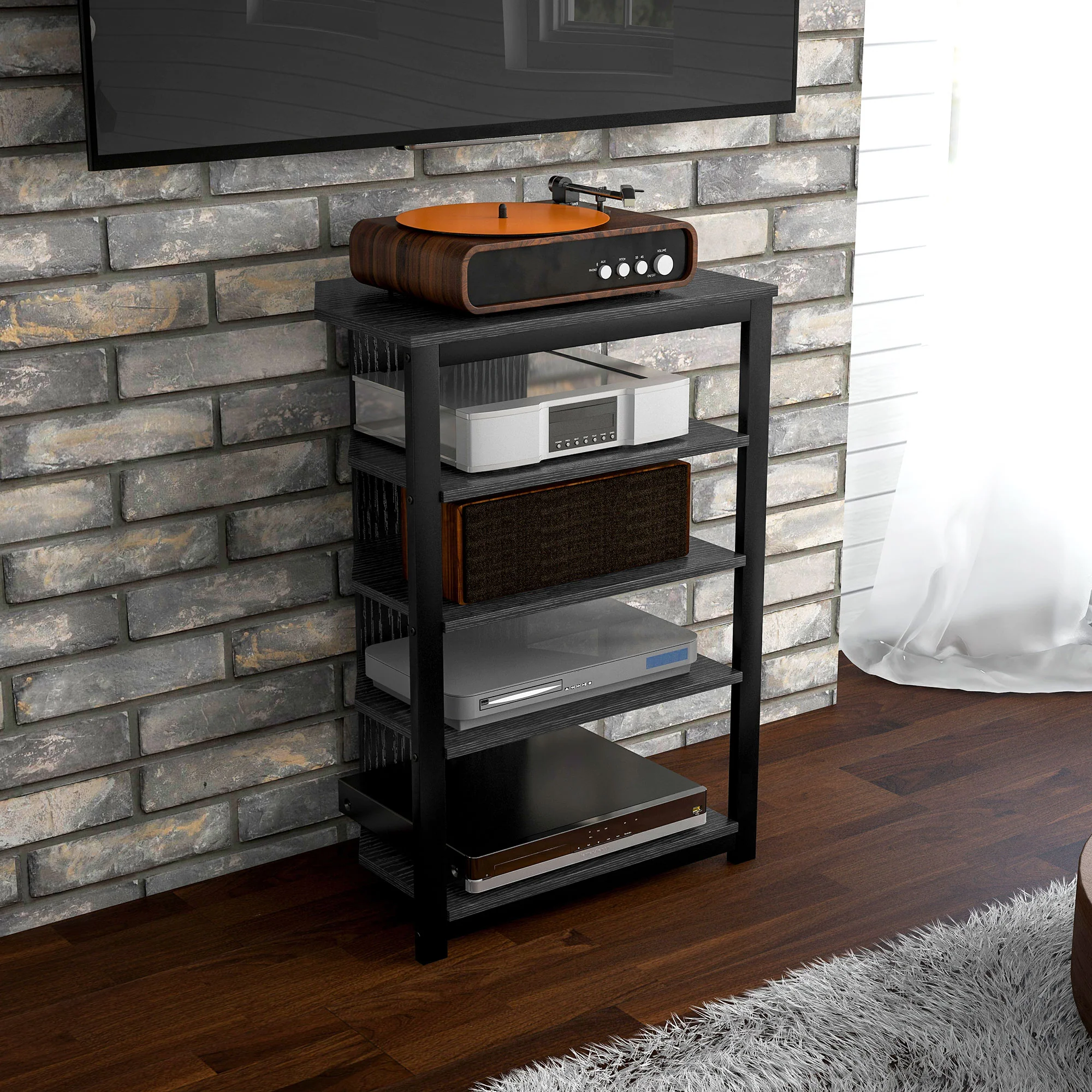 TV Stand, Entertainment Center with Storage Shelves and Steel Frame for Living Room, Black - Image 11