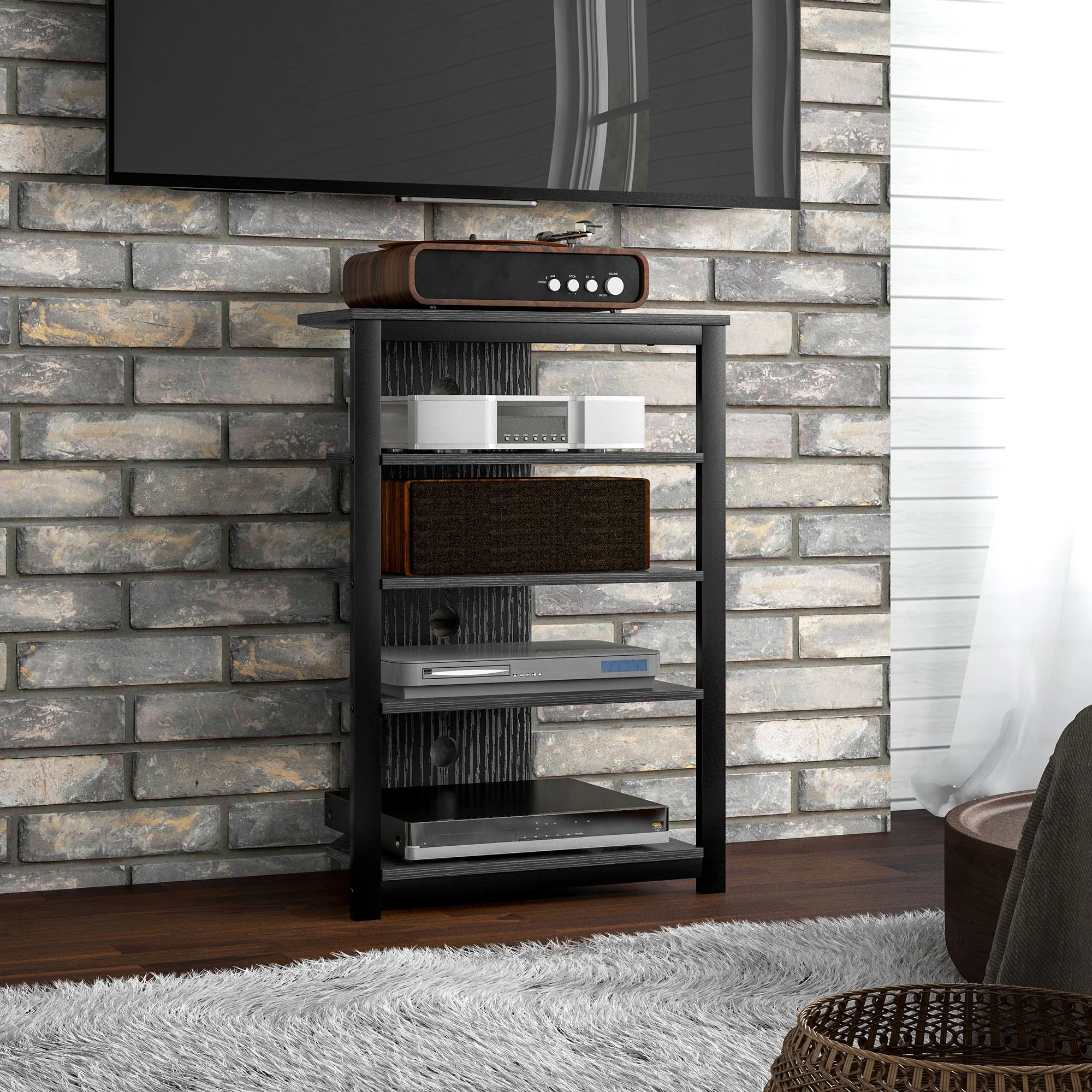 TV Stand, Entertainment Center with Storage Shelves and Steel Frame for Living Room, Black - Image 3
