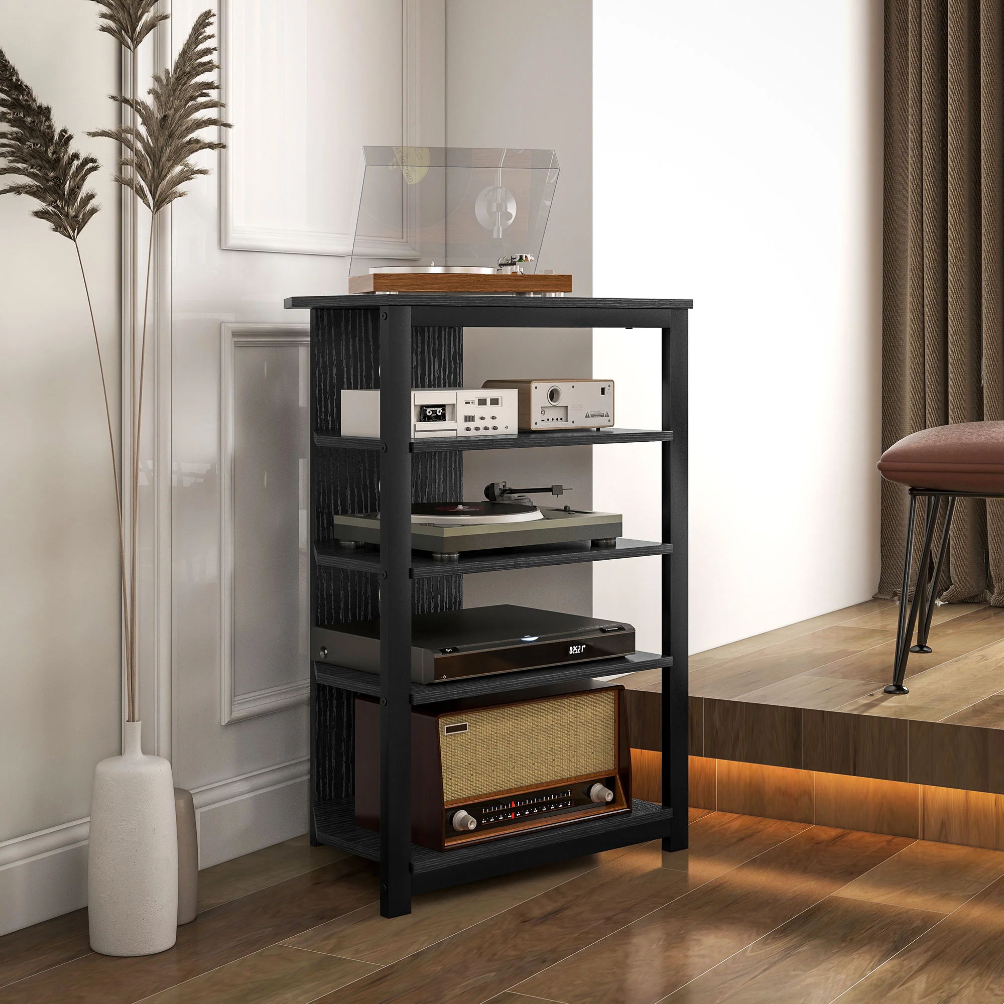 TV Stand, Entertainment Center with Storage Shelves and Steel Frame for Living Room, Black - Image 4