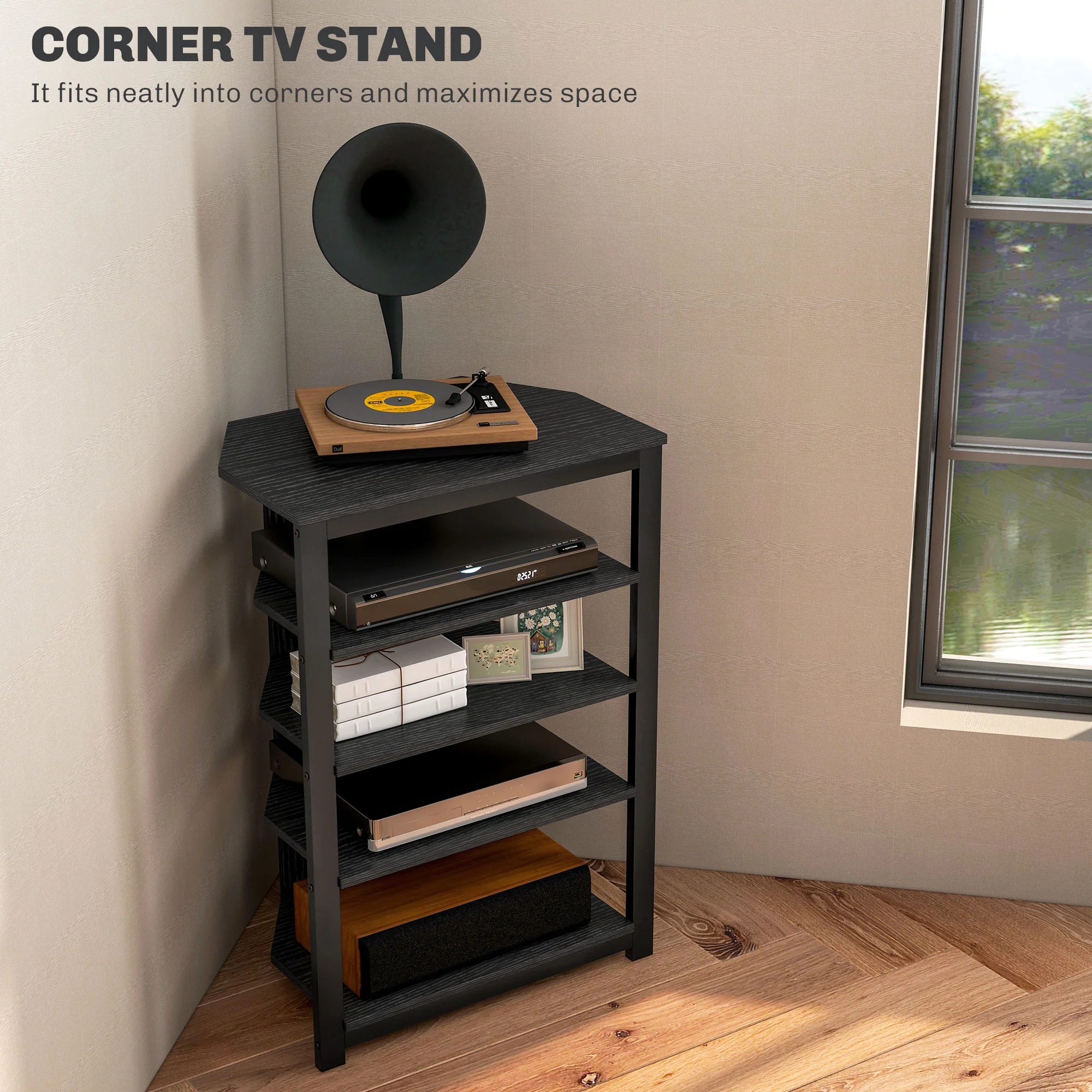 TV Stand, Entertainment Center with Storage Shelves and Steel Frame for Living Room, Black - Image 6