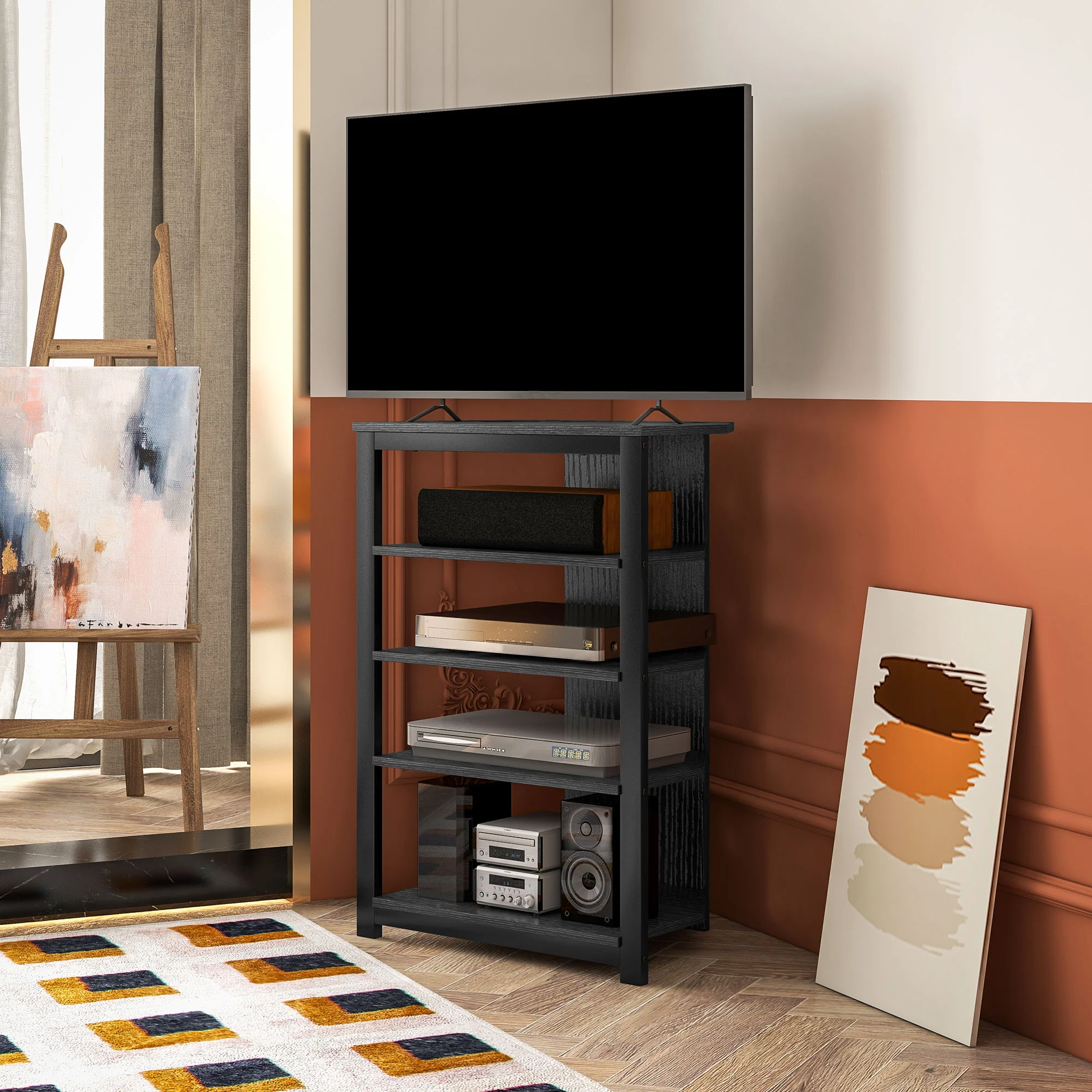 TV Stand, Entertainment Center with Storage Shelves and Steel Frame for Living Room, Black - Image 9