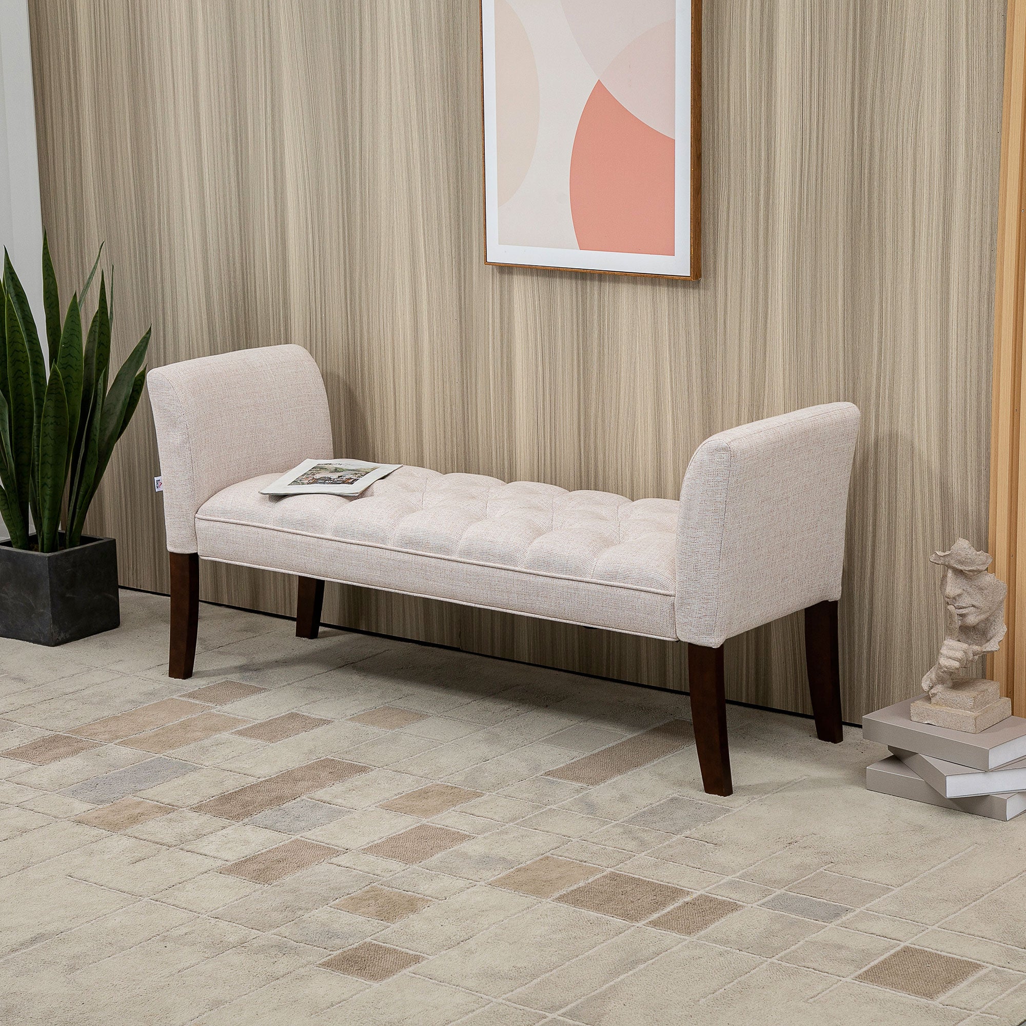 End of Bed Bench with Button Tufted Design, Arms & Solid Wood Legs, Beige - Image 10