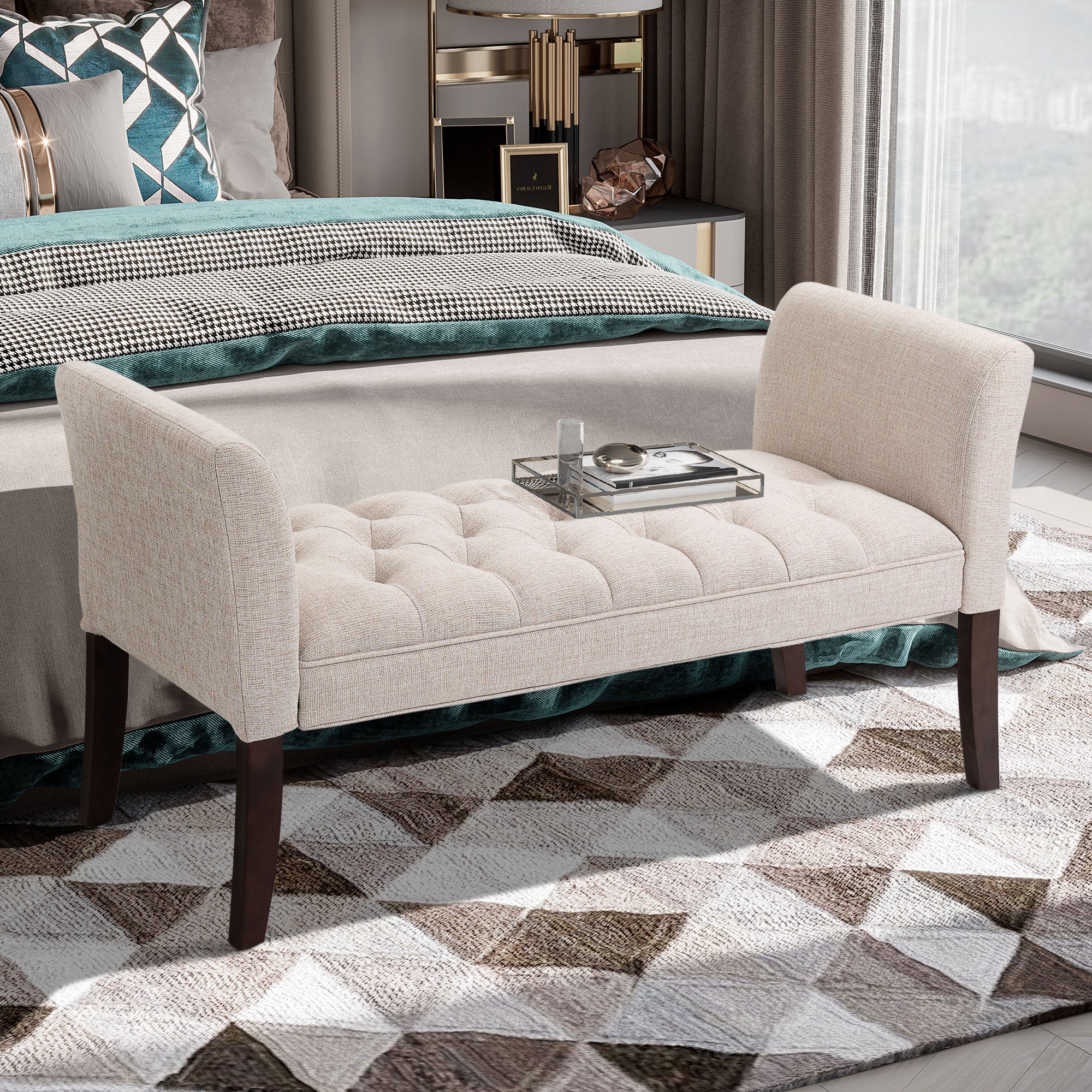 End of Bed Bench with Button Tufted Design, Arms & Solid Wood Legs, Beige - Image 3