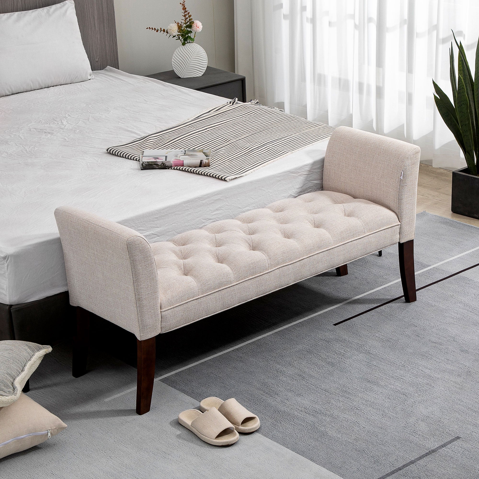 End of Bed Bench with Button Tufted Design, Arms & Solid Wood Legs, Beige - Image 4