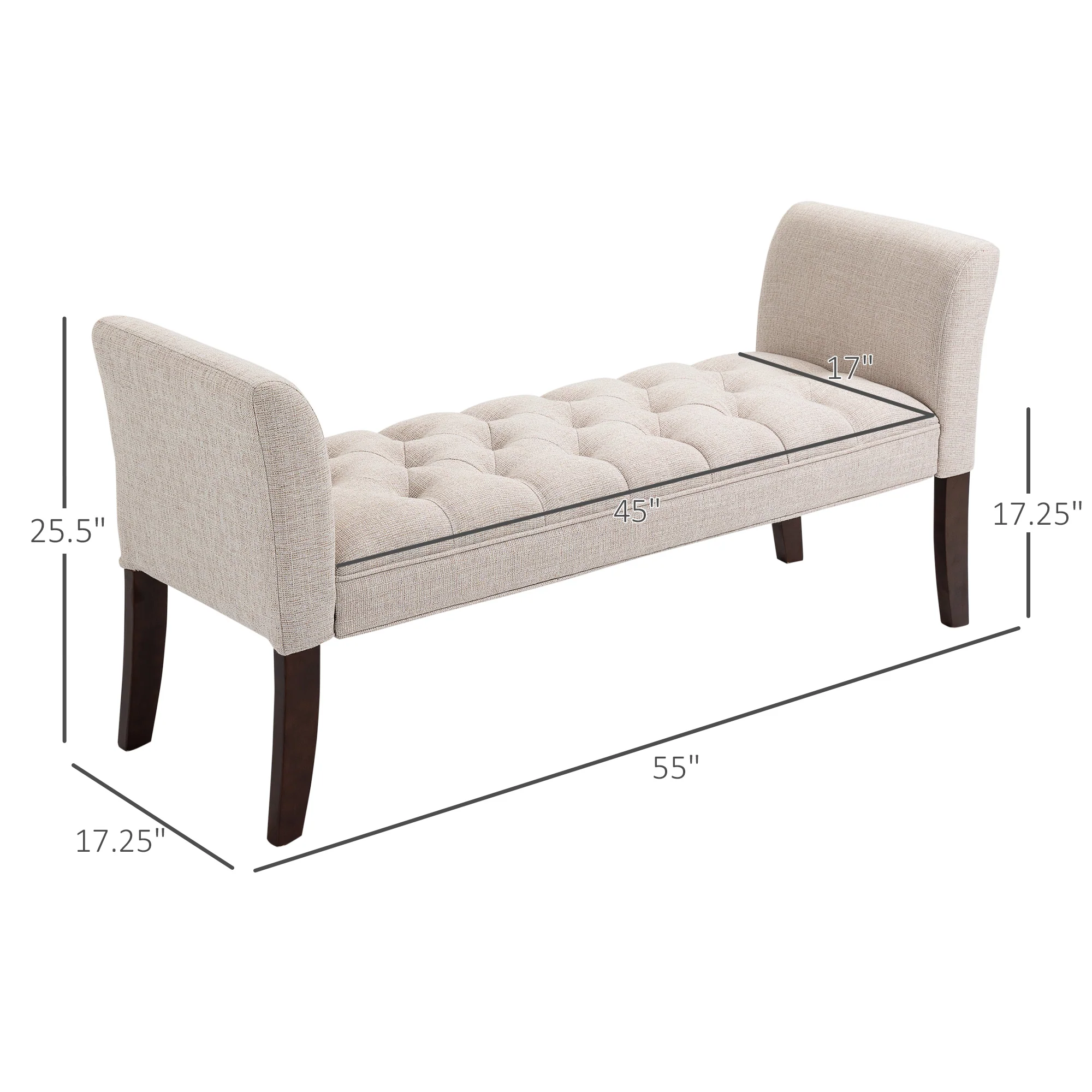 End of Bed Bench with Button Tufted Design, Arms & Solid Wood Legs, Beige - Image 5