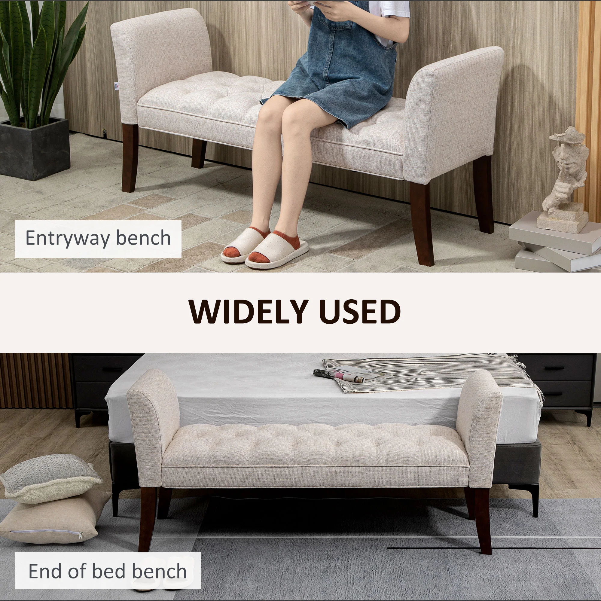 End of Bed Bench with Button Tufted Design, Arms & Solid Wood Legs, Beige - Image 6