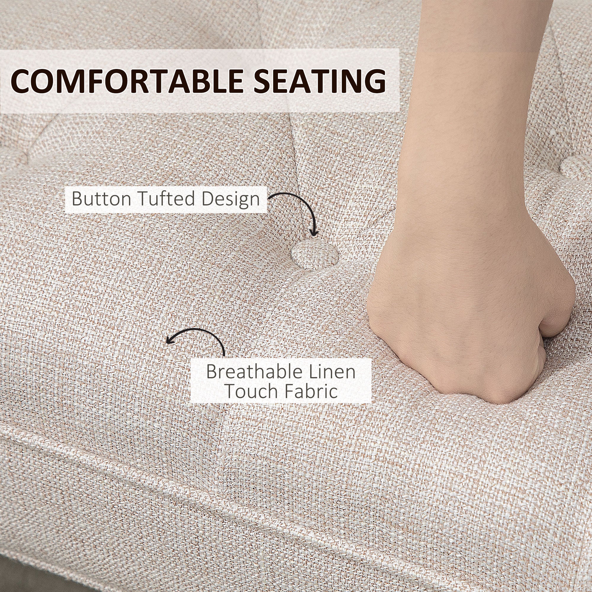 End of Bed Bench with Button Tufted Design, Arms & Solid Wood Legs, Beige - Image 7