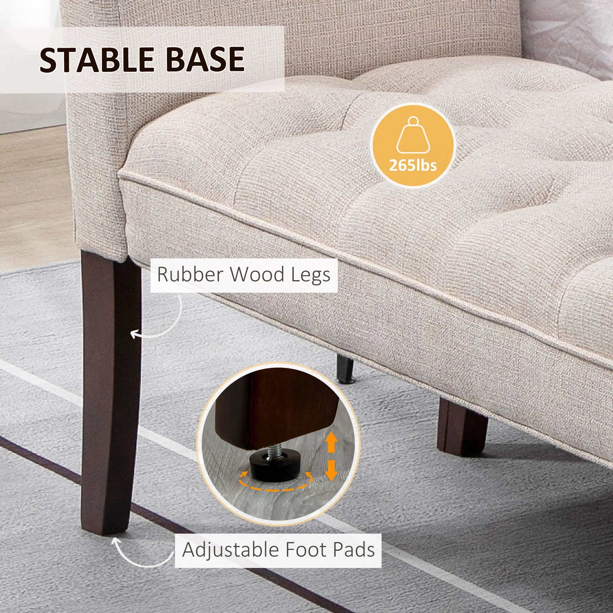 End of Bed Bench with Button Tufted Design, Arms & Solid Wood Legs, Beige - Image 8