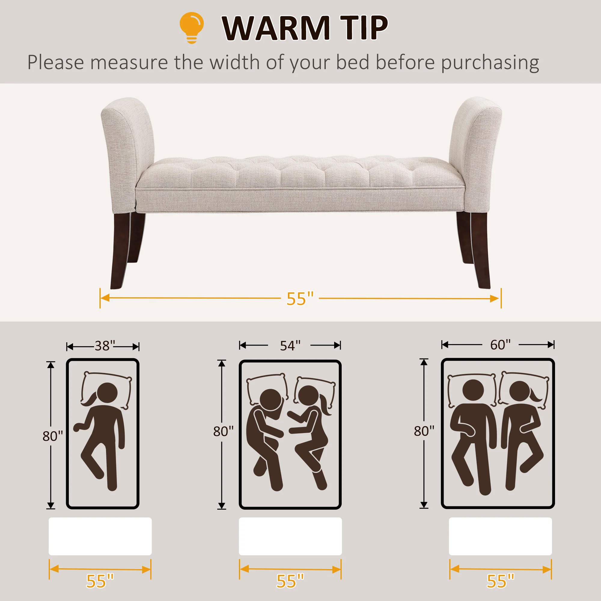 End of Bed Bench with Button Tufted Design, Arms & Solid Wood Legs, Beige - Image 9