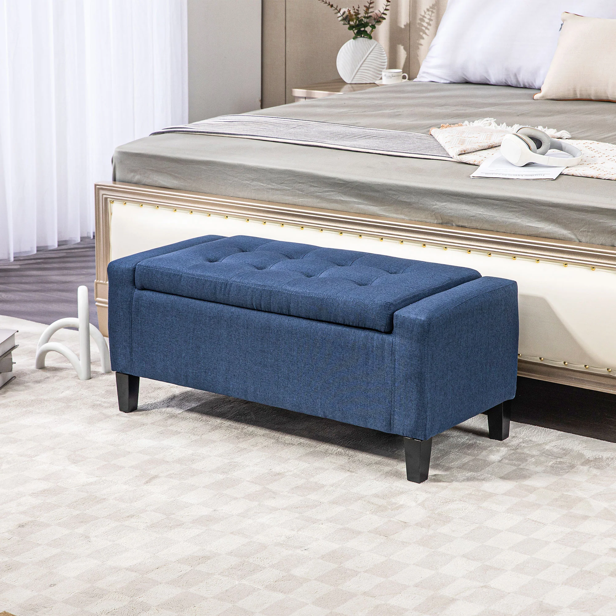 Upholstered Storage Ottoman Bench with Hidden Storage & Lift Top, Dark Blue - Image 3