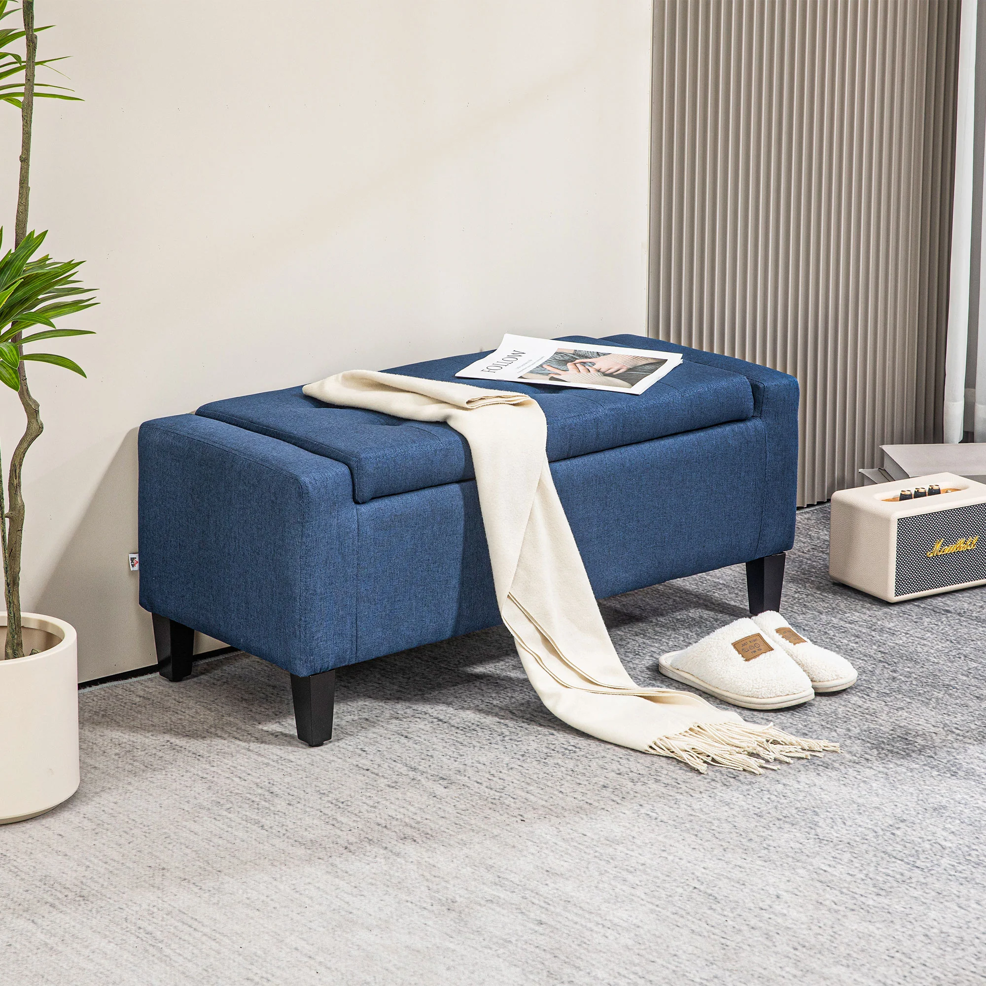 Upholstered Storage Ottoman Bench with Hidden Storage & Lift Top, Dark Blue - Image 4