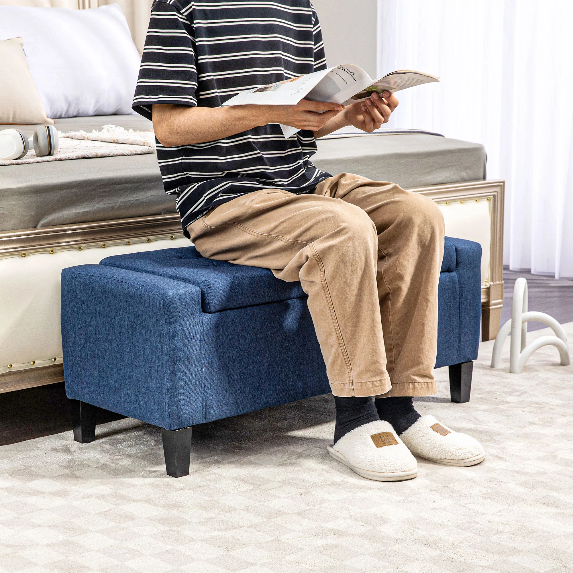 Upholstered Storage Ottoman Bench with Hidden Storage & Lift Top, Dark Blue - Image 8