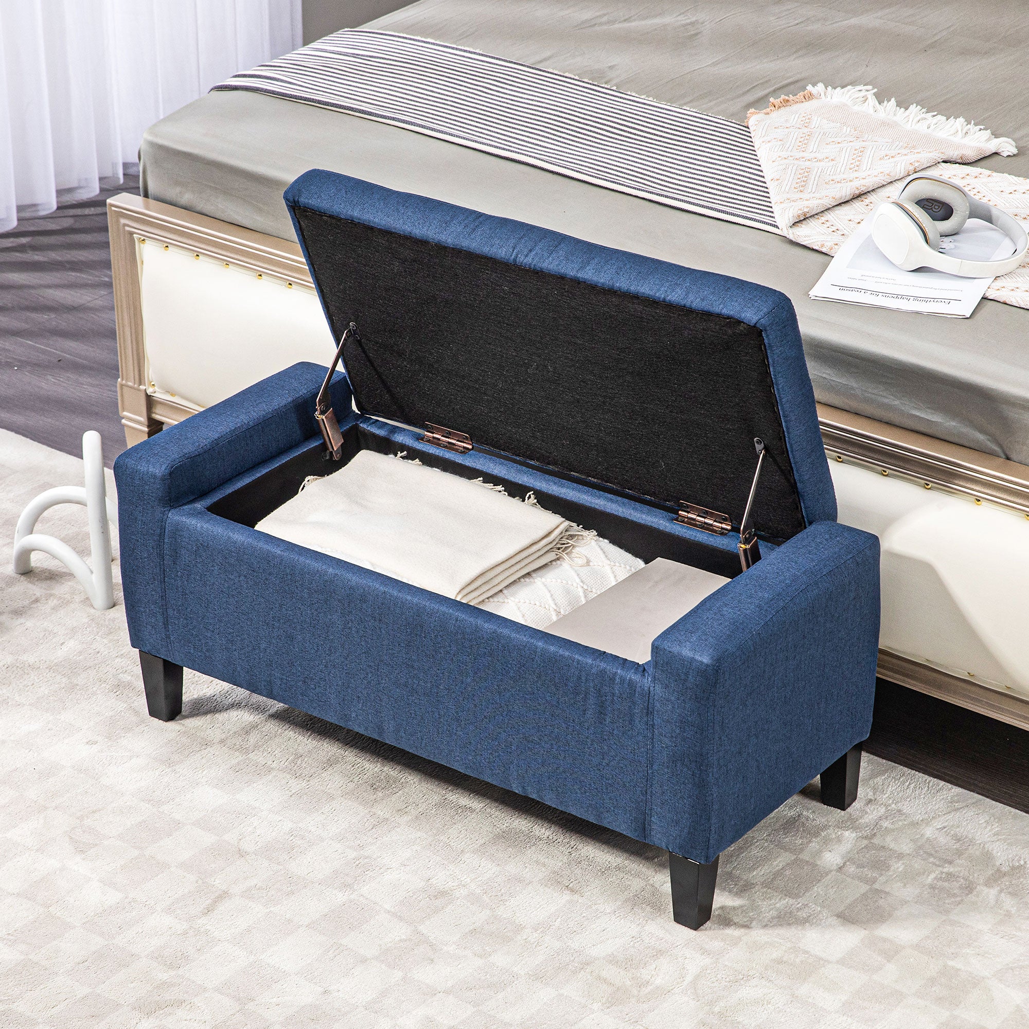 Upholstered Storage Ottoman Bench with Hidden Storage & Lift Top, Dark Blue - Image 9
