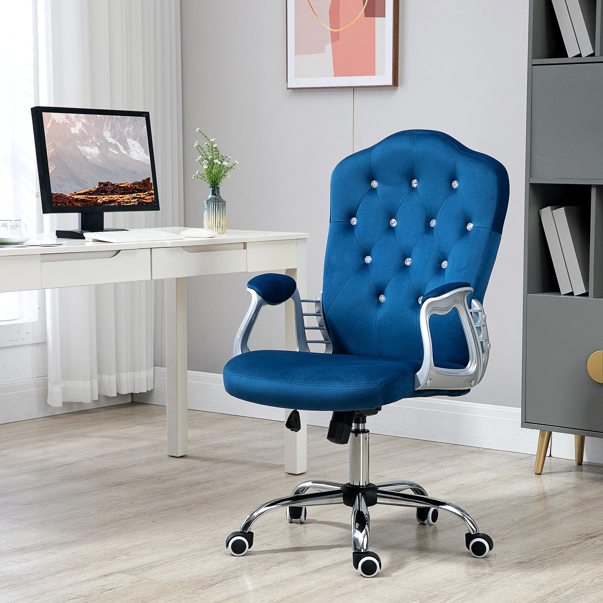 Velvet Office Chair, 360° Swivel Desk Chair with Adjustable Height & Tilt, Blue - Image 3