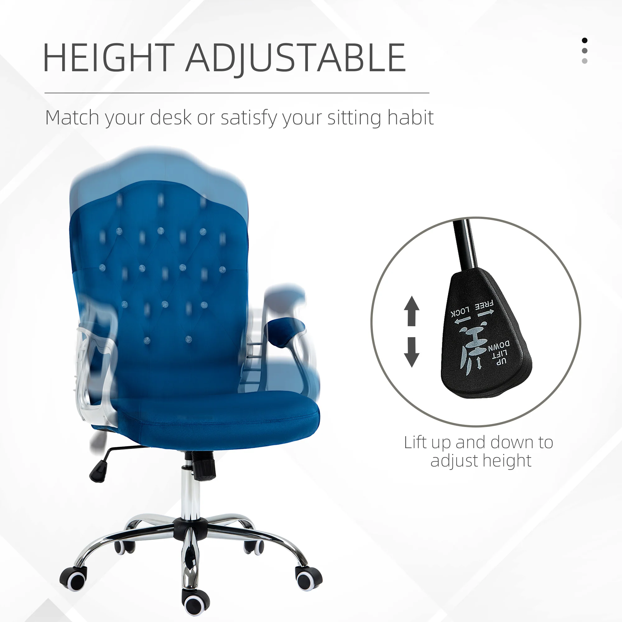 Velvet Office Chair, 360° Swivel Desk Chair with Adjustable Height & Tilt, Blue - Image 6