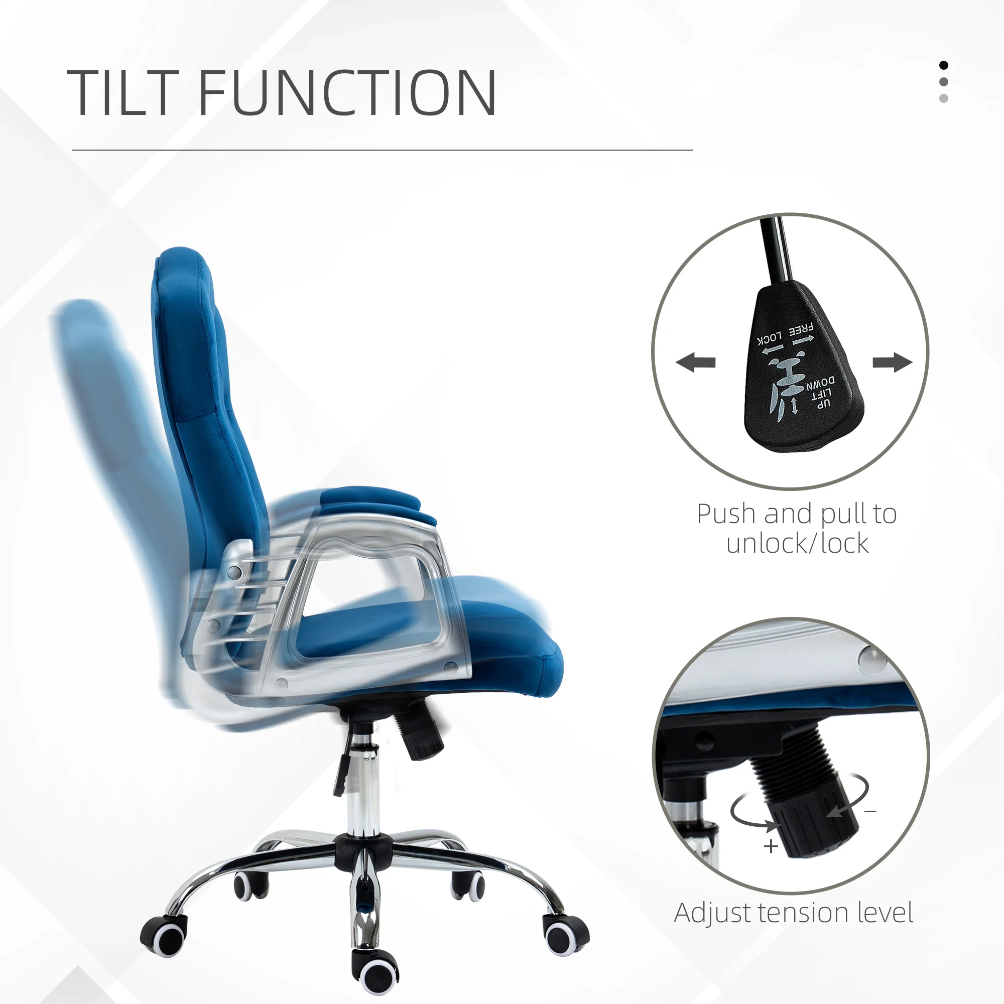 Velvet Office Chair, 360° Swivel Desk Chair with Adjustable Height & Tilt, Blue - Image 7