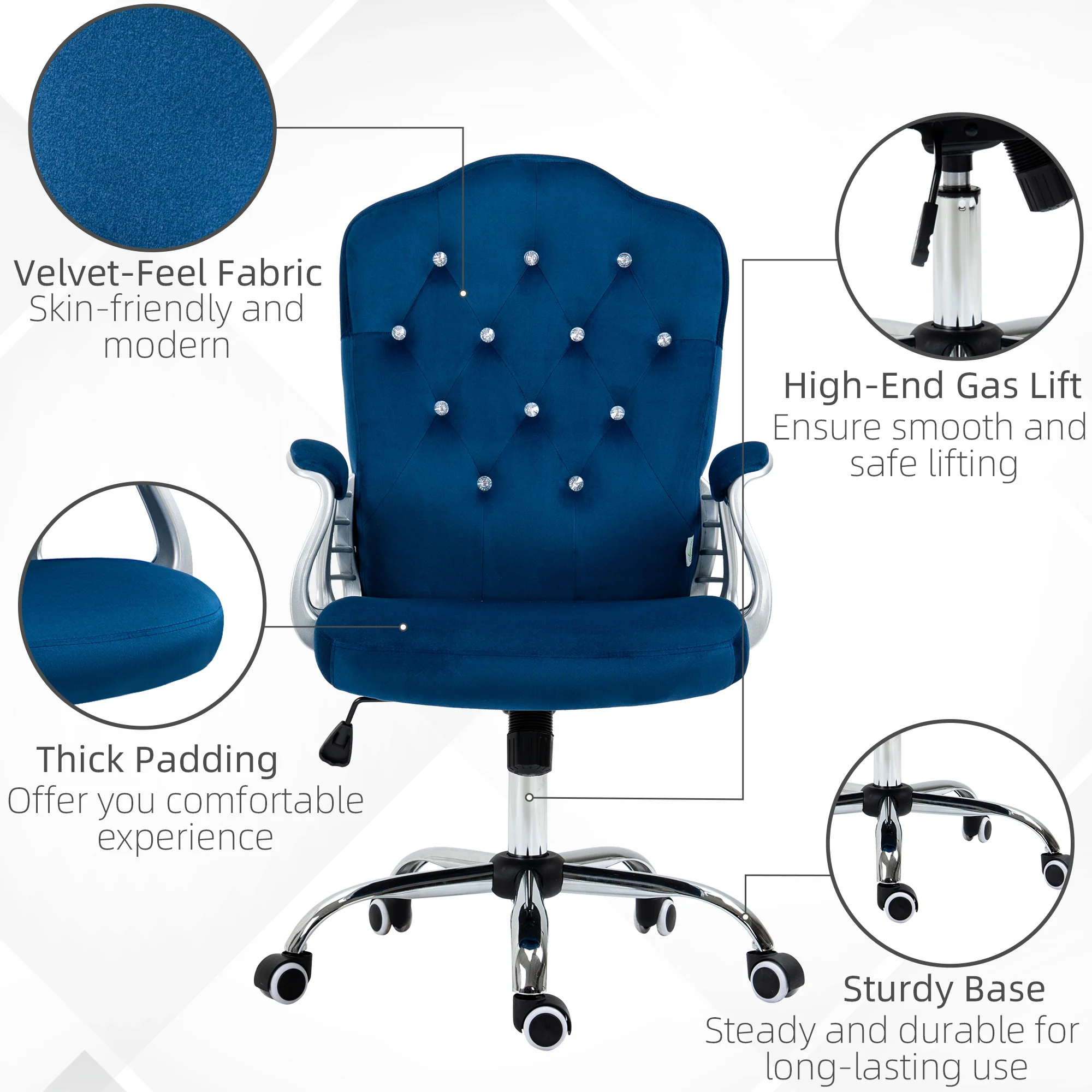Velvet Office Chair, 360° Swivel Desk Chair with Adjustable Height & Tilt, Blue - Image 9