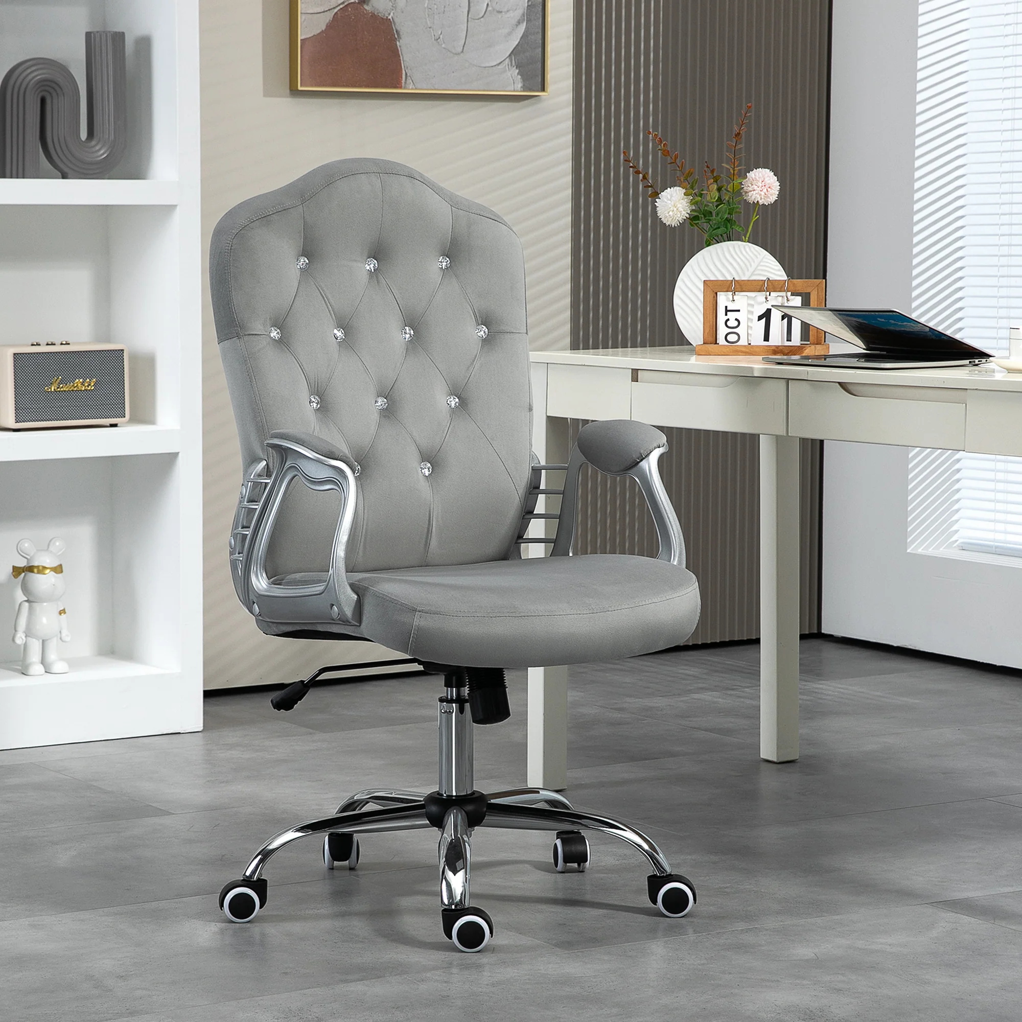 Velvet Office Chair, 360° Swivel Desk Chair with Adjustable Height & Tilt, Light Gray - Image 3