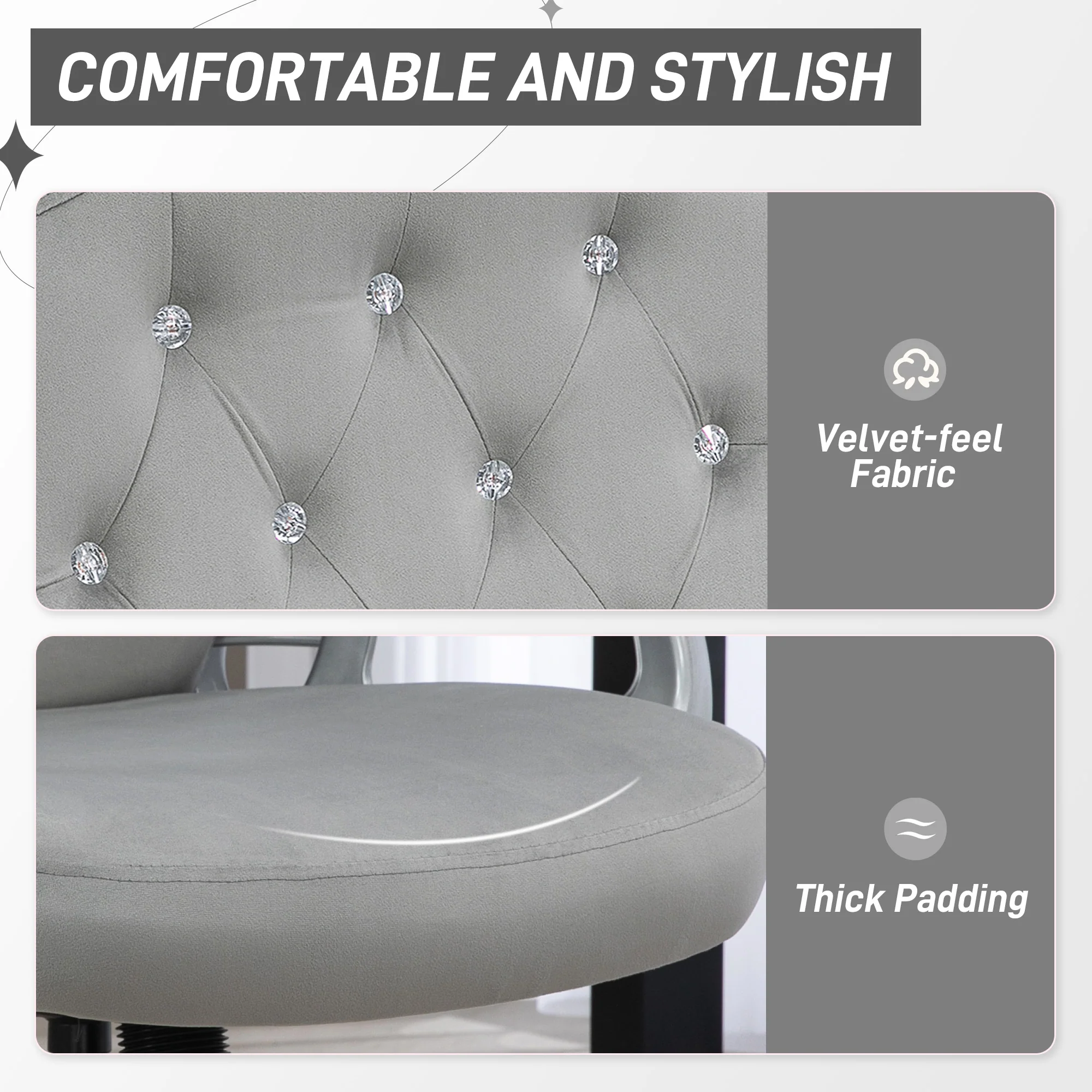 Velvet Office Chair, 360° Swivel Desk Chair with Adjustable Height & Tilt, Light Gray - Image 6