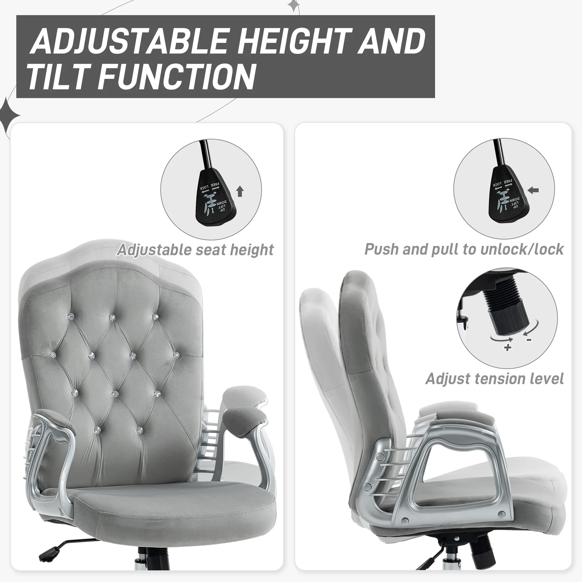 Velvet Office Chair, 360° Swivel Desk Chair with Adjustable Height & Tilt, Light Gray - Image 7