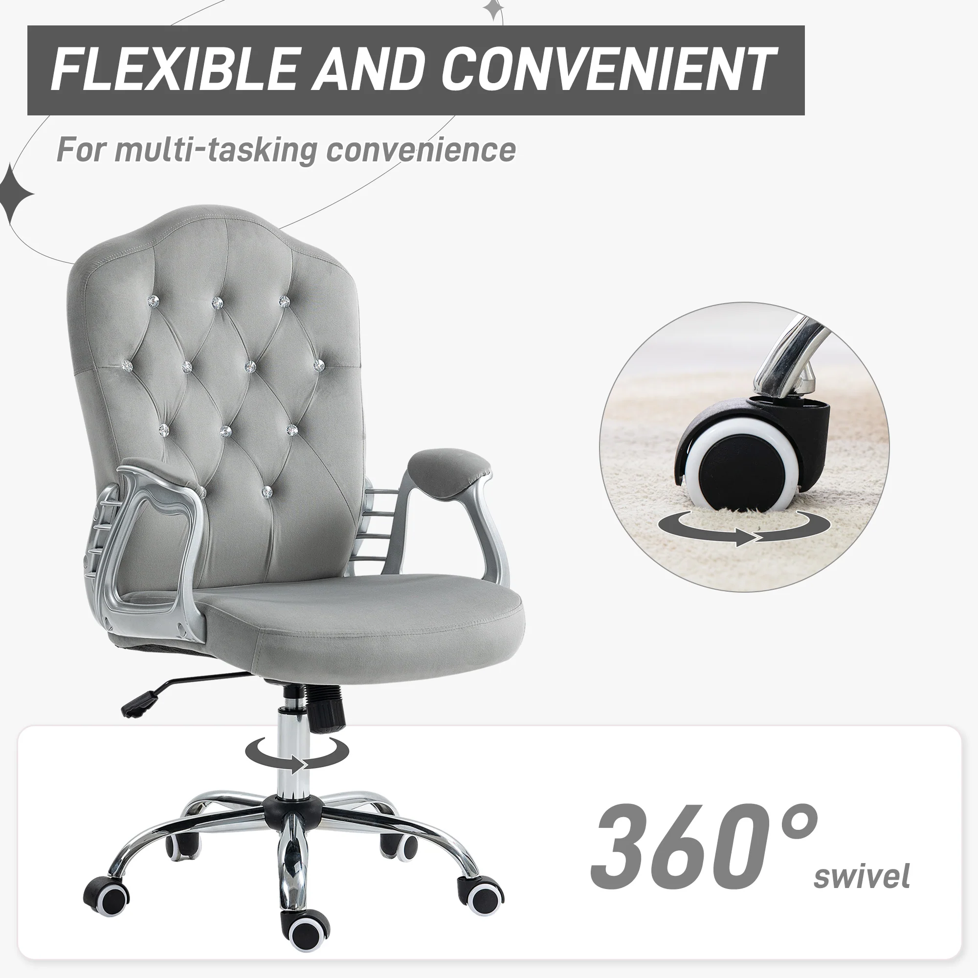Velvet Office Chair, 360° Swivel Desk Chair with Adjustable Height & Tilt, Light Gray - Image 8