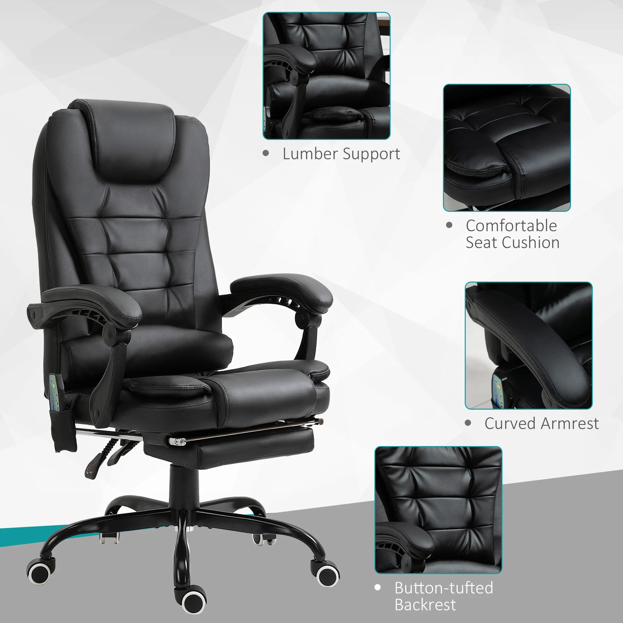 7-Point Massage Office Chair w/ Lumbar Support, Footrest & Adjustable Height, Black - Image 7
