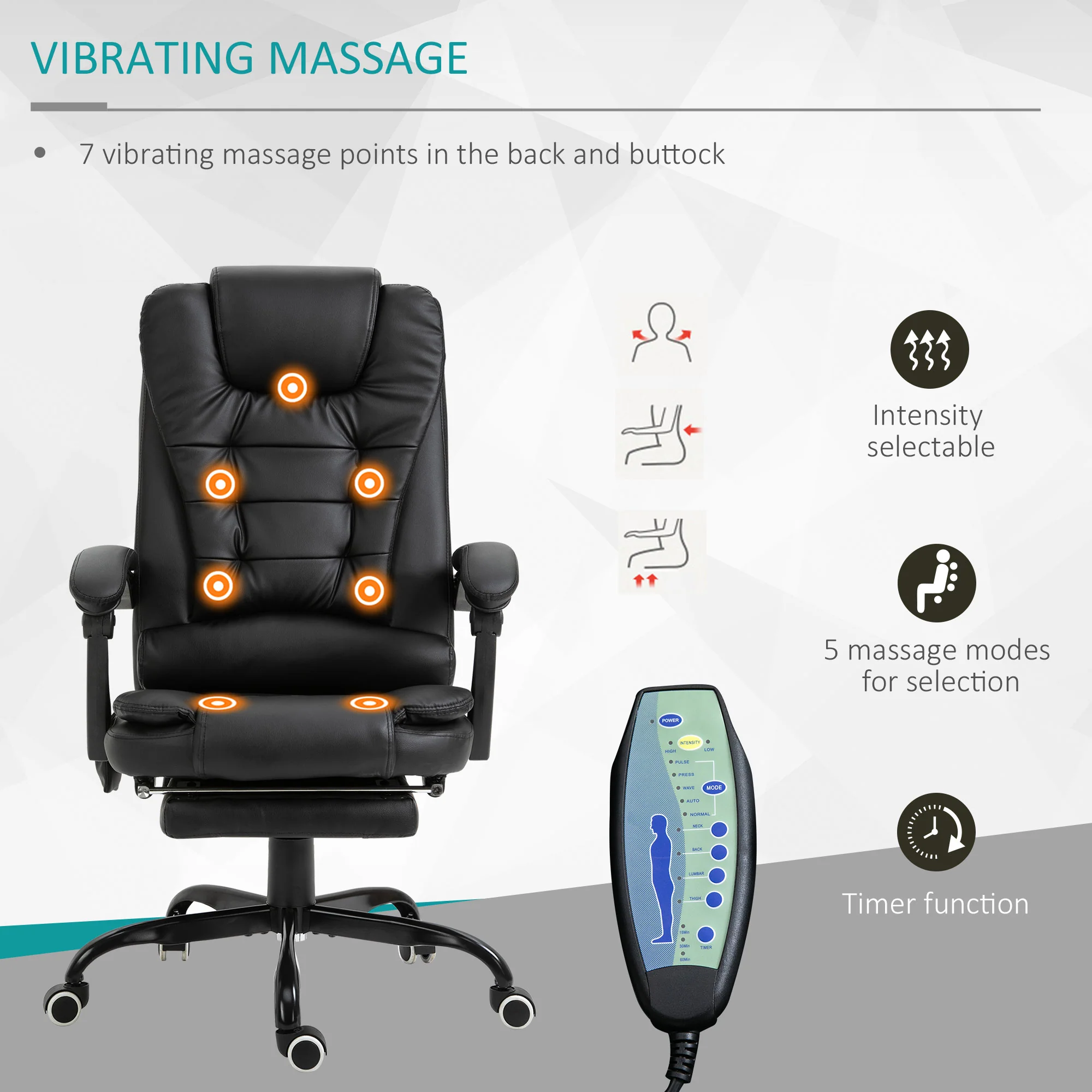 7-Point Massage Office Chair w/ Lumbar Support, Footrest & Adjustable Height, Black - Image 9