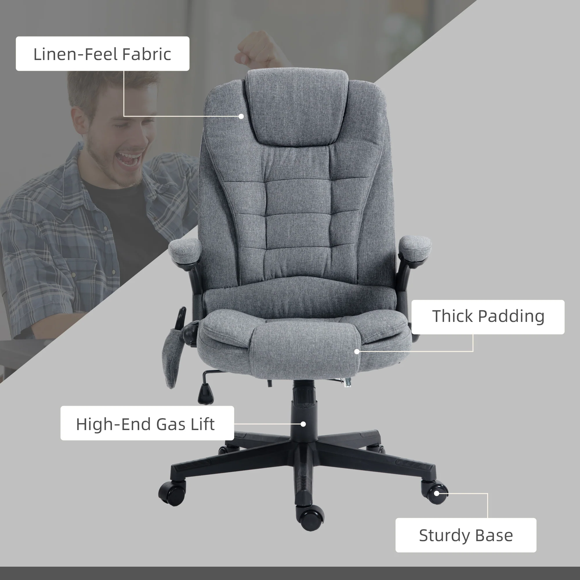 6 Points Heated Massage Office Chair, Linen High Back Executive Office Chair, Gray - Image 10