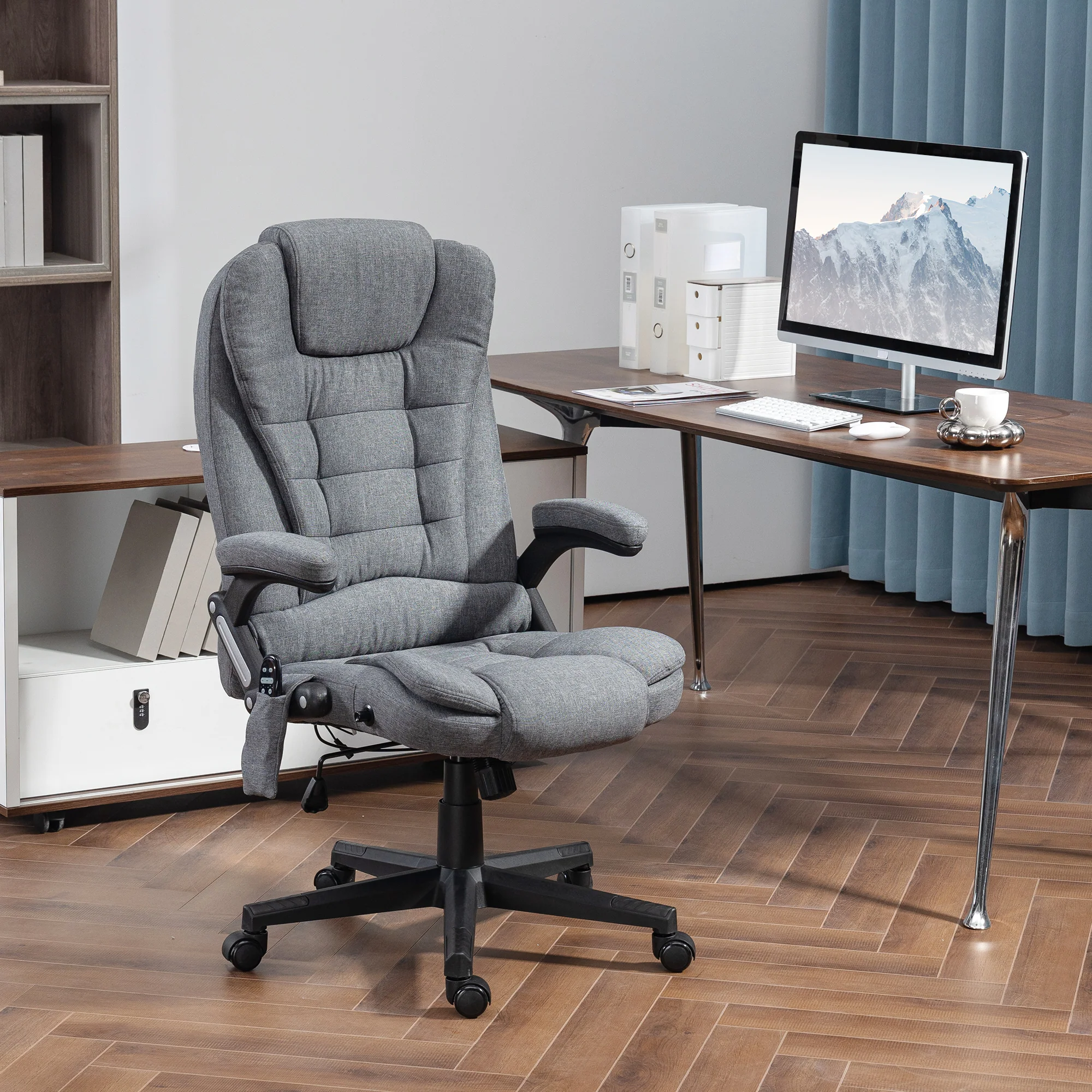 6 Points Heated Massage Office Chair, Linen High Back Executive Office Chair, Gray - Image 3