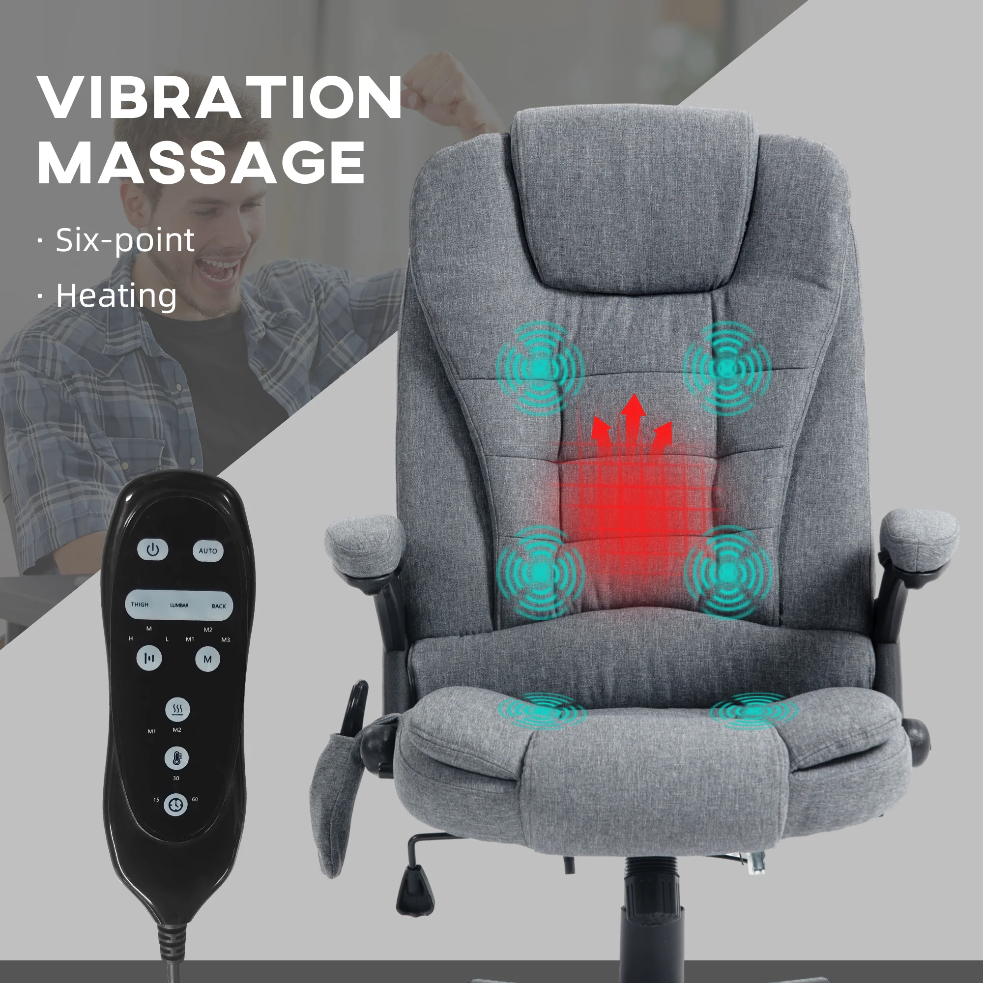 6 Points Heated Massage Office Chair, Linen High Back Executive Office Chair, Gray - Image 5