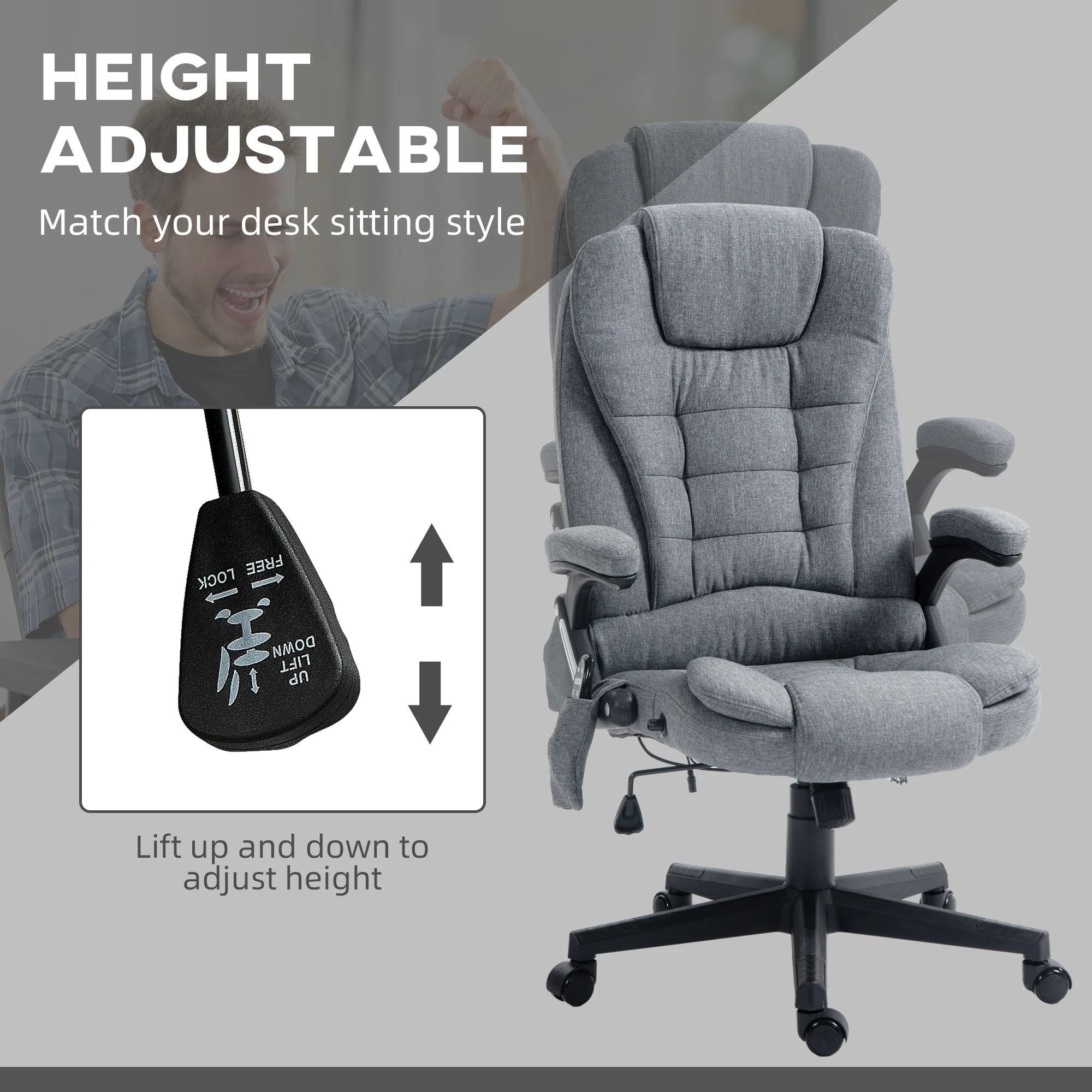 6 Points Heated Massage Office Chair, Linen High Back Executive Office Chair, Gray - Image 6