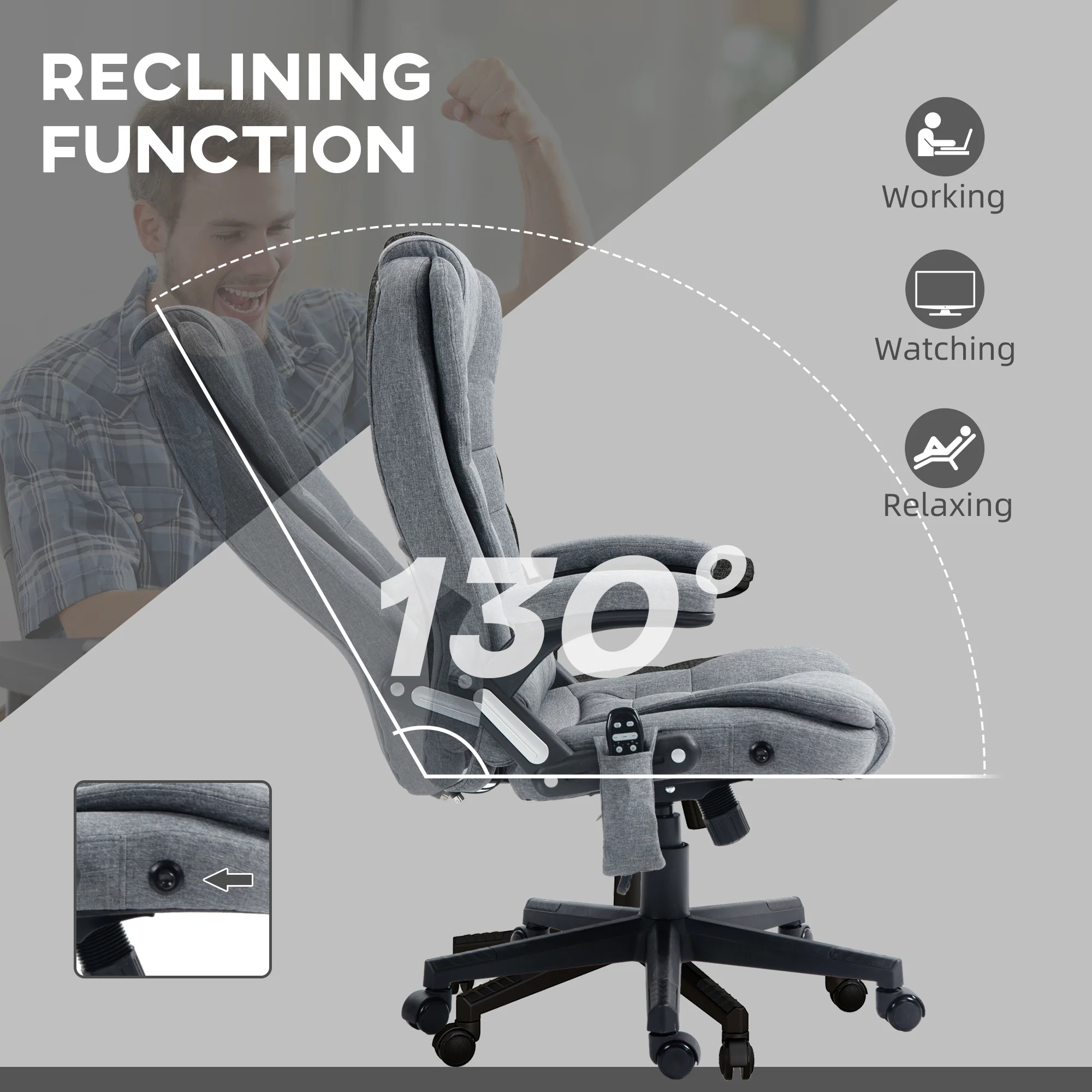 6 Points Heated Massage Office Chair, Linen High Back Executive Office Chair, Gray - Image 7