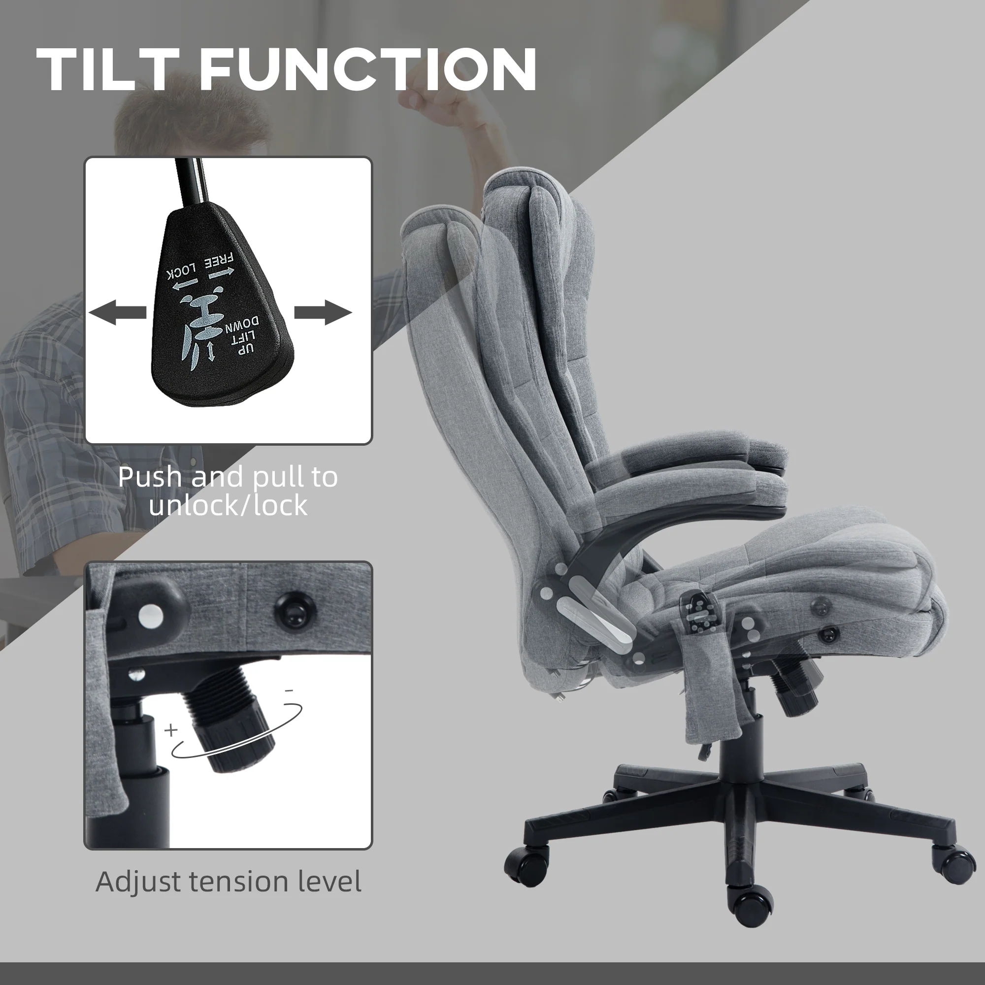 6 Points Heated Massage Office Chair, Linen High Back Executive Office Chair, Gray - Image 8