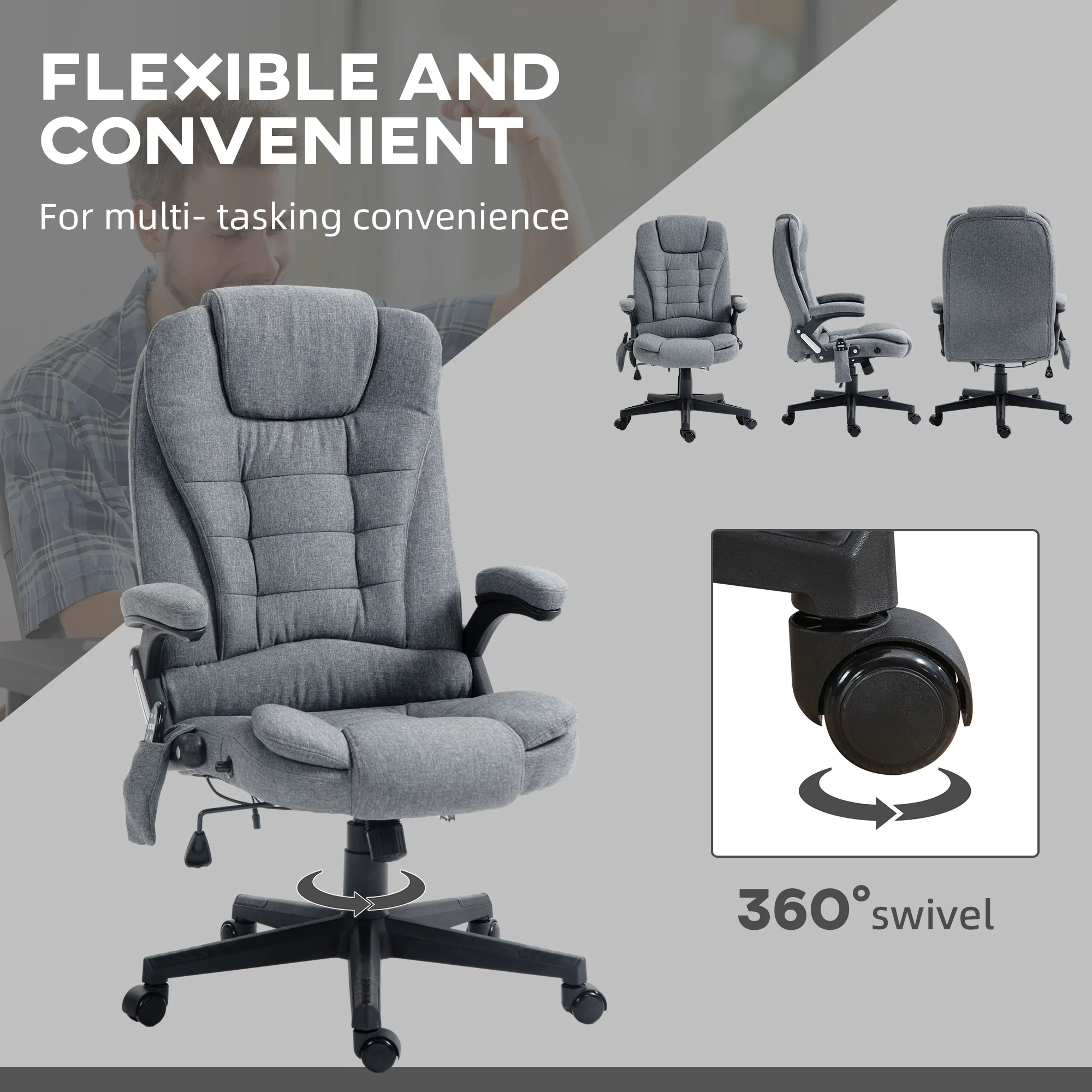 6 Points Heated Massage Office Chair, Linen High Back Executive Office Chair, Gray - Image 9