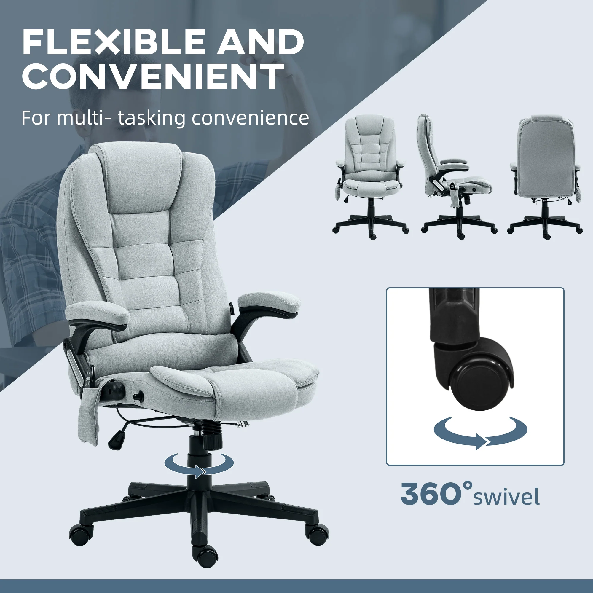 6 Points Heated Massage Office Chair, Linen High Back Executive Office Chair, Light Gray - Image 10
