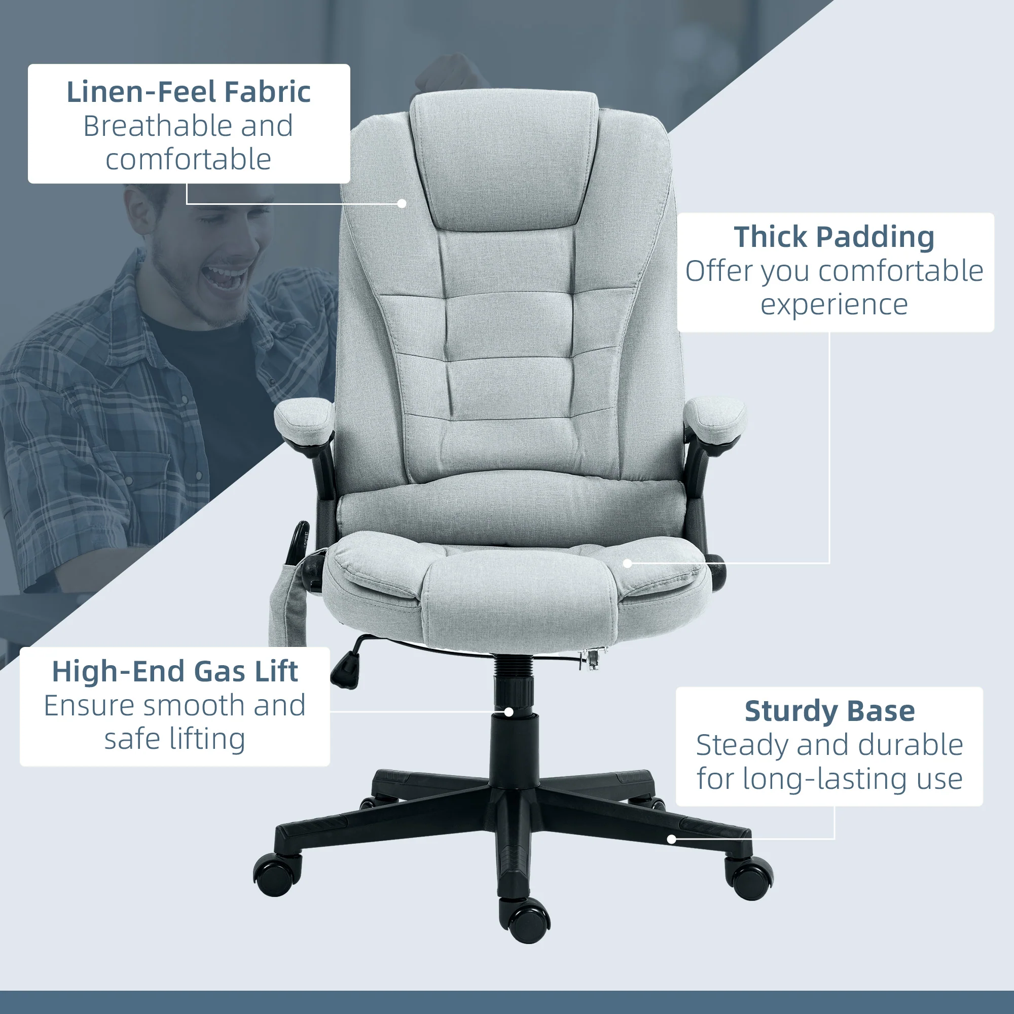 6 Points Heated Massage Office Chair, Linen High Back Executive Office Chair, Light Gray - Image 11