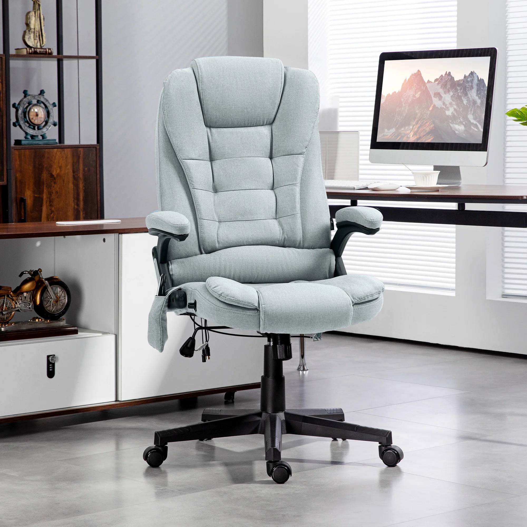 6 Points Heated Massage Office Chair, Linen High Back Executive Office Chair, Light Gray - Image 3