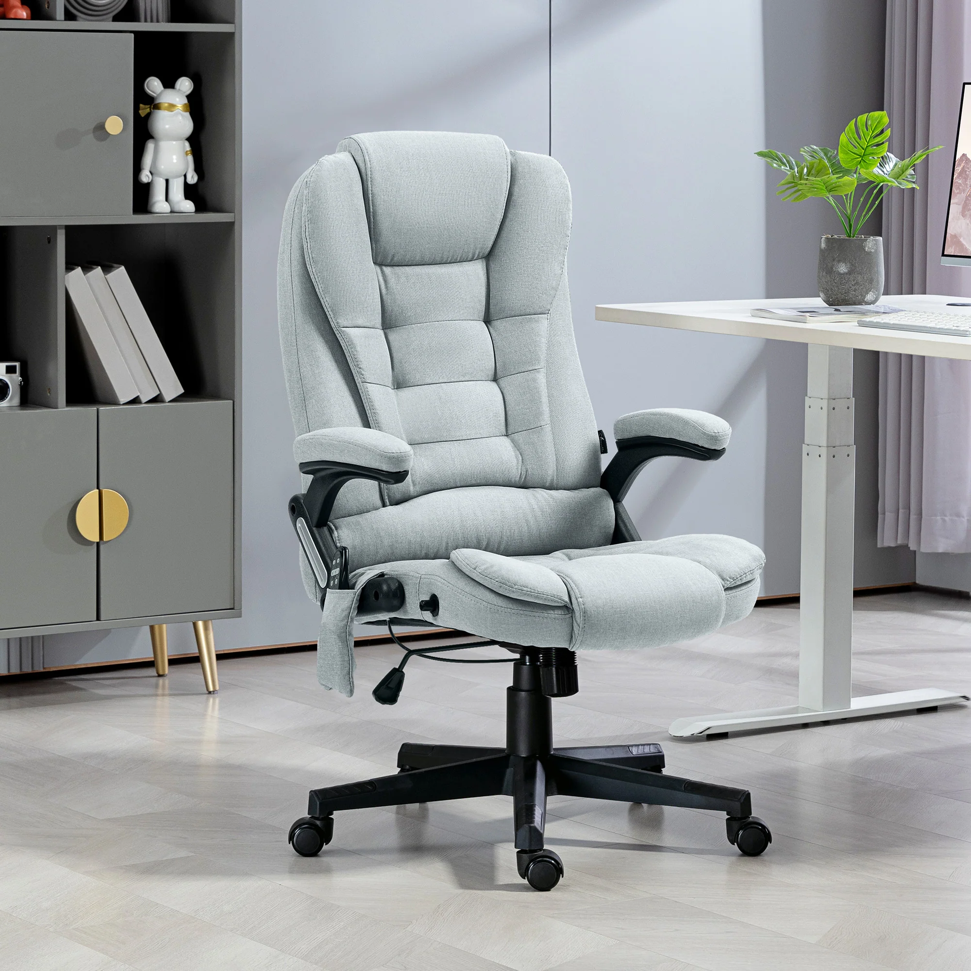 6 Points Heated Massage Office Chair, Linen High Back Executive Office Chair, Light Gray - Image 4