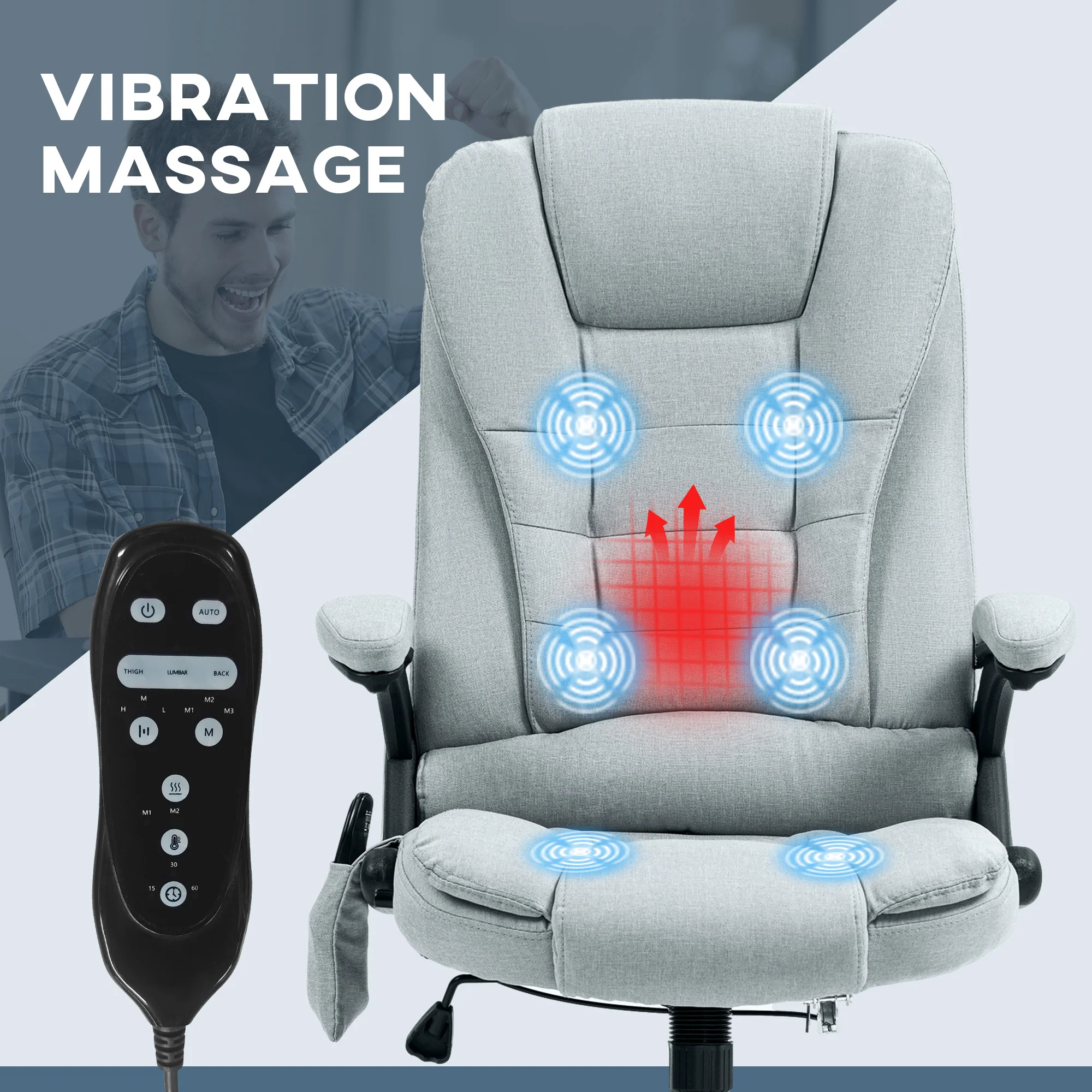 6 Points Heated Massage Office Chair, Linen High Back Executive Office Chair, Light Gray - Image 6